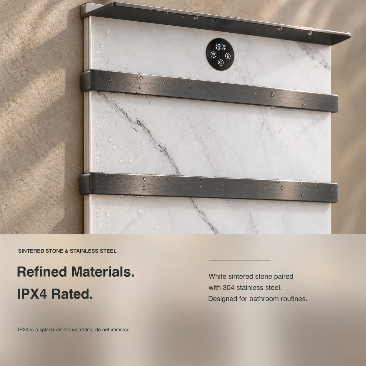 Inyouths CERENE Minimalist Heated Towel Rack sintered stone and splash resistant details