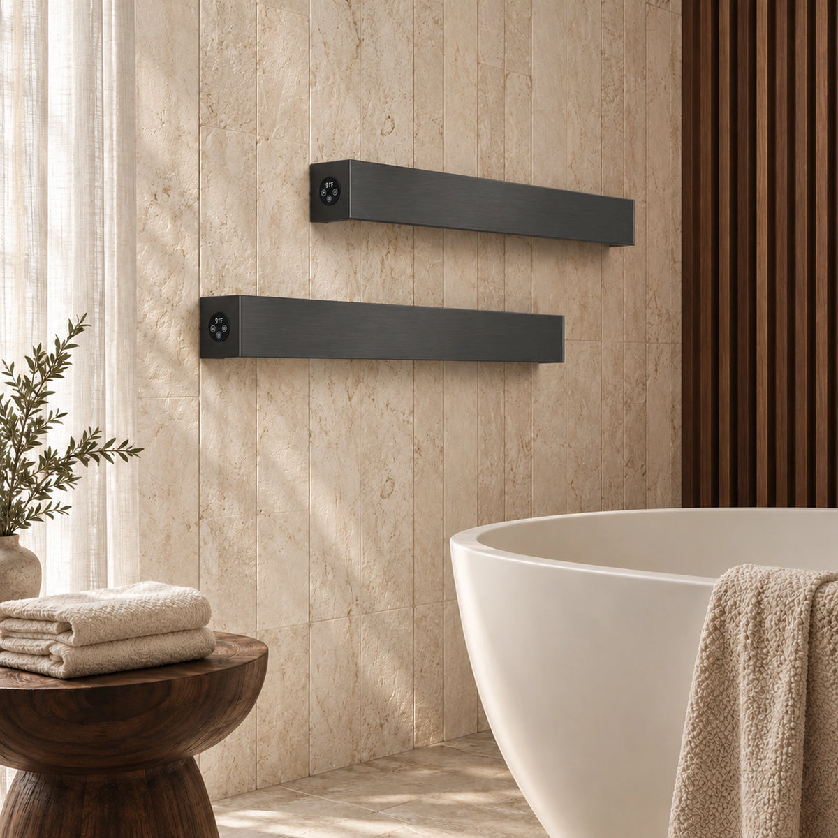Inyouths Graphene smart heated towel rack installed in modern bathroom setting