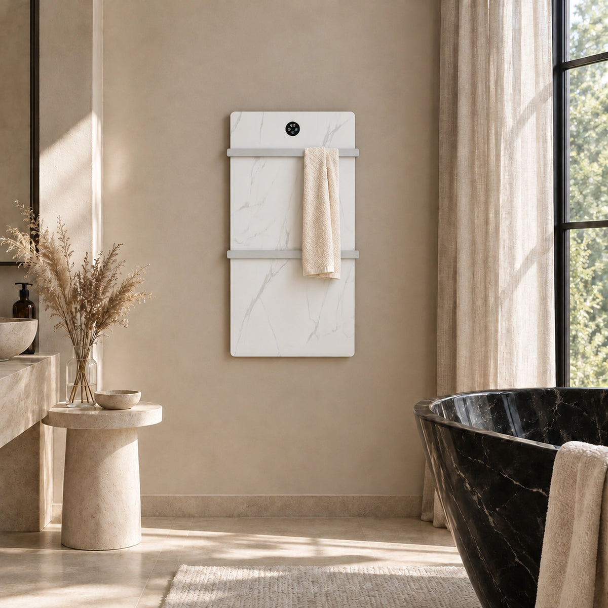 Inyouths Haloa shelf sintered stone heated towel rack front view in bathroom setting