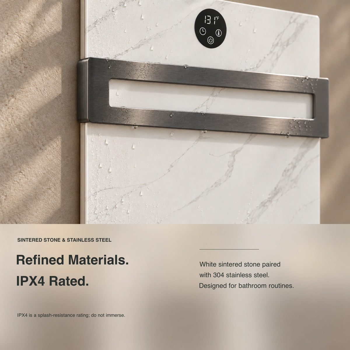 Inyouths TALORA Heated Towel Rack sintered stone and splash resistant details