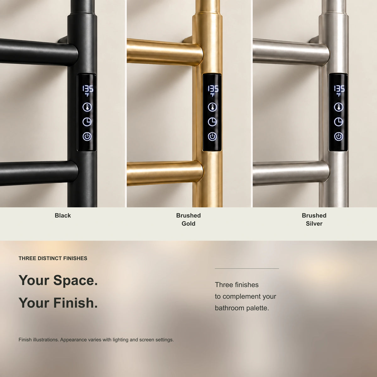 MIRA heated towel rack showing black, brushed gold and brushed silver finish options.
