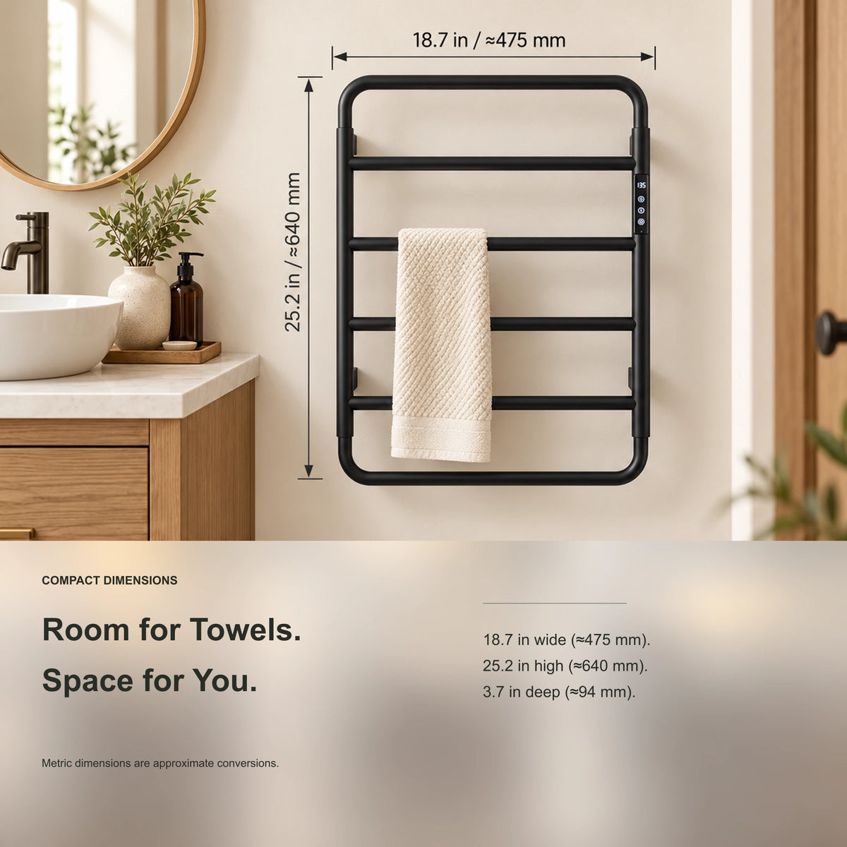 MIRA heated towel rack showing product width, height and depth measurements.