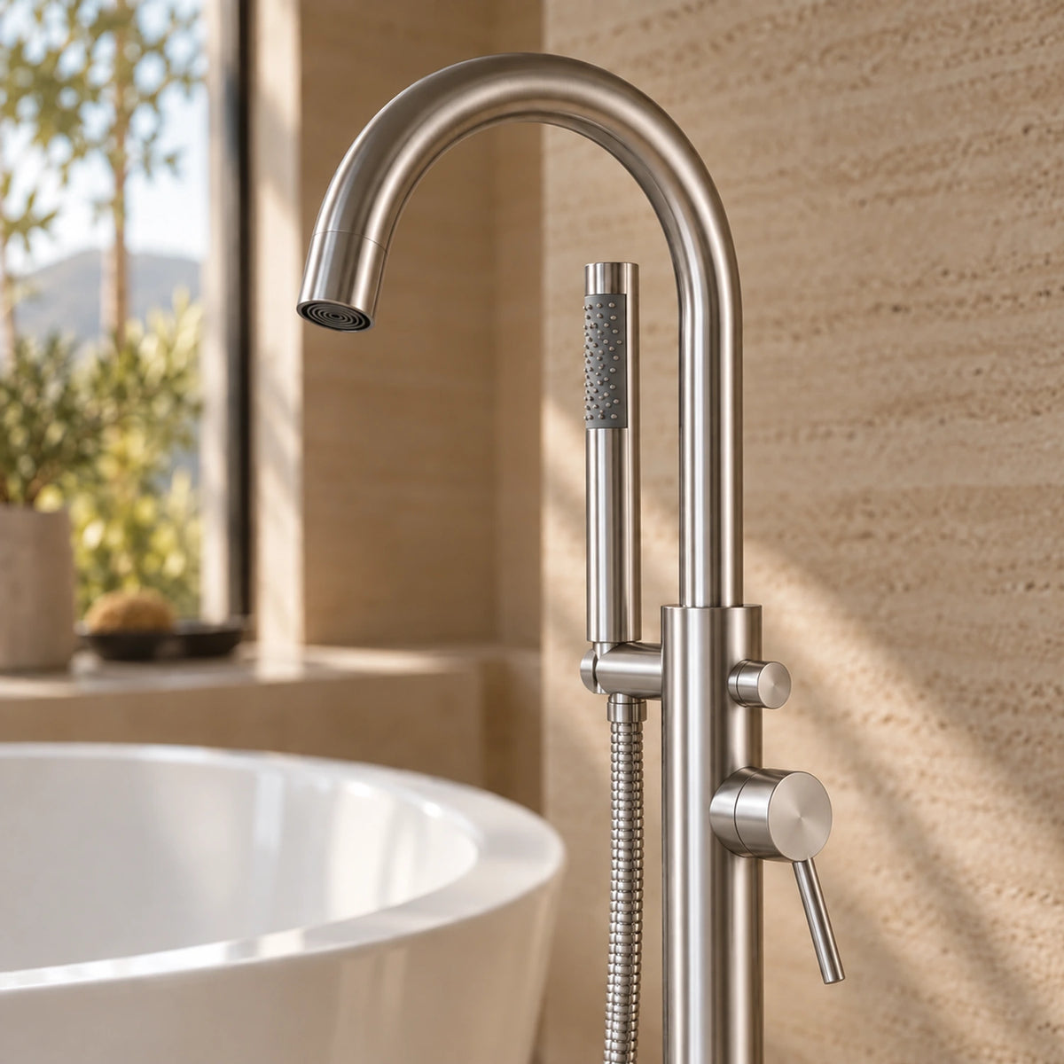 Norelia Stainless Tub Filler Brushed Nickel Spout Hand Shower