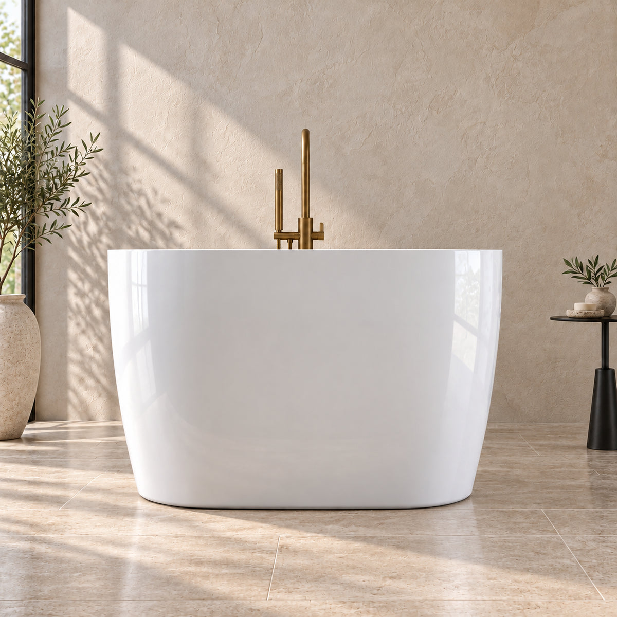 ovelis 43 inch white acrylic bathtub with bench beige bathroom front view