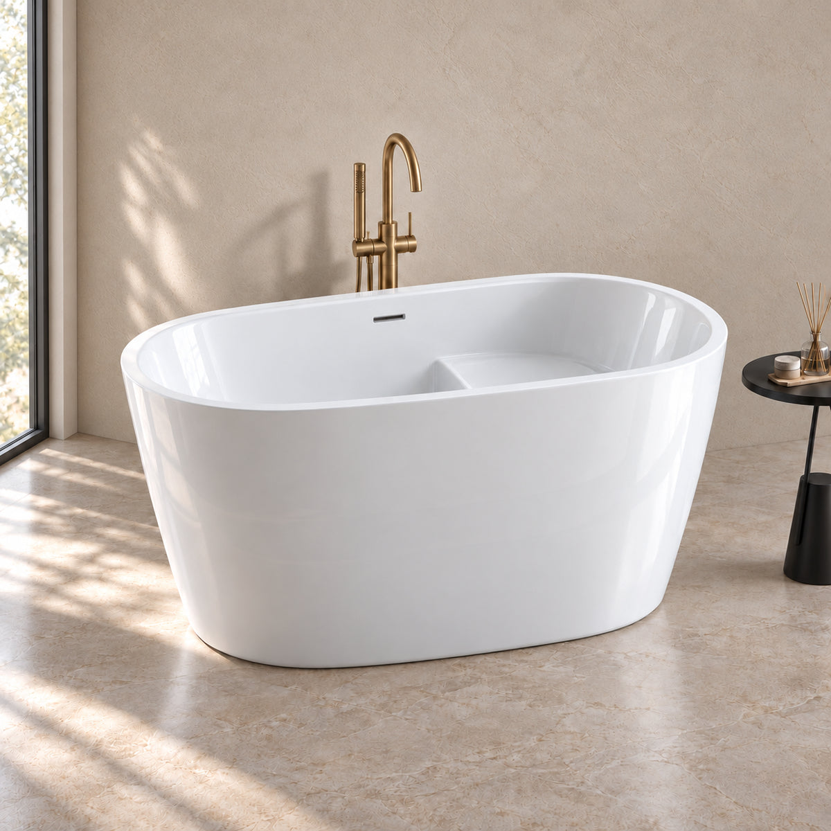 ovelis 43 inch white acrylic bathtub with bench beige bathroom side view