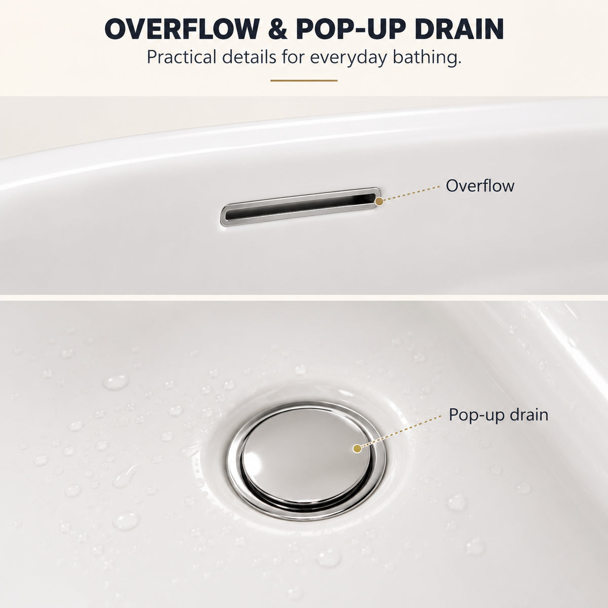 ovelis 43 inch white acrylic bathtub with bench drain detail