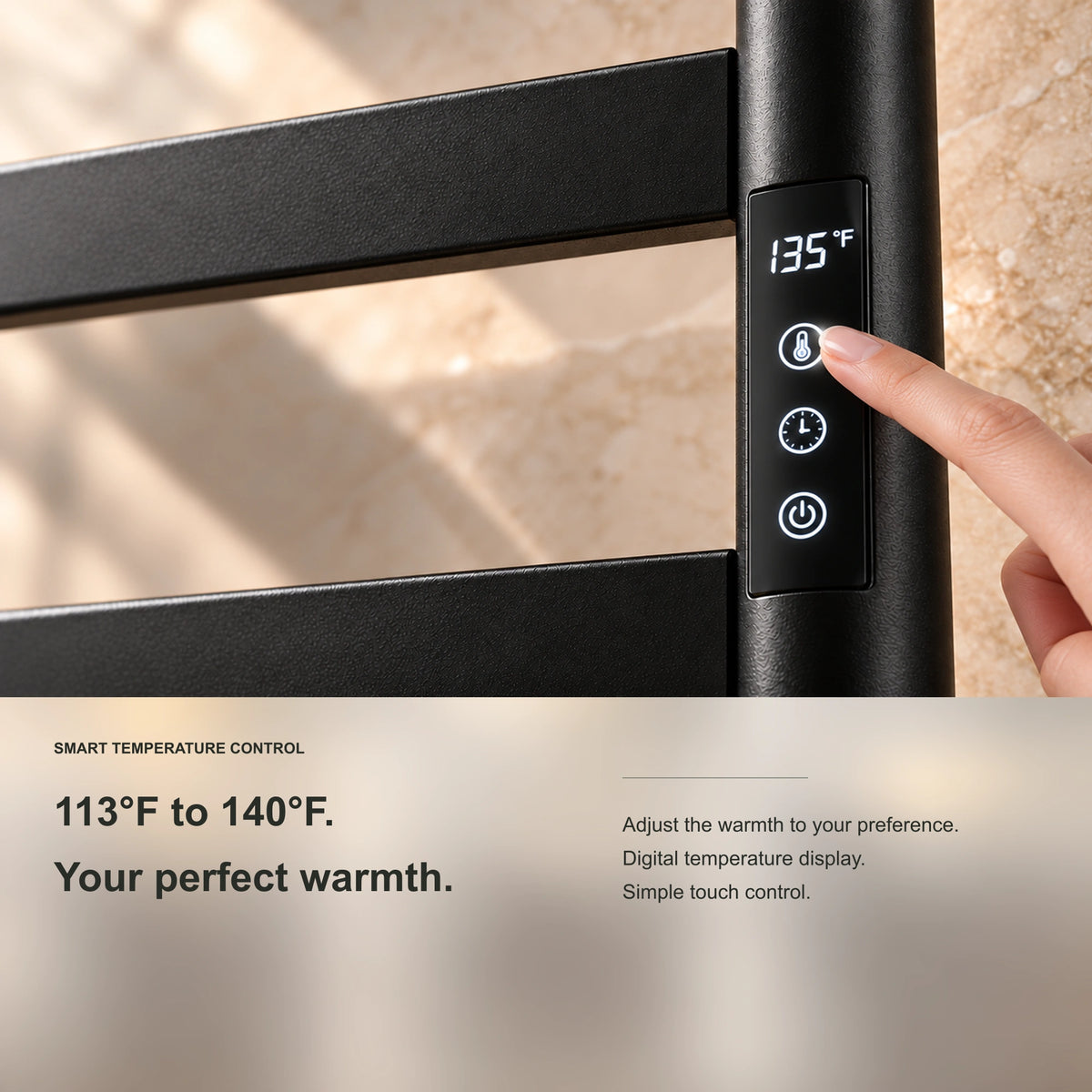 SAIPH heated towel rack showing digital adjustable temperature control detail.