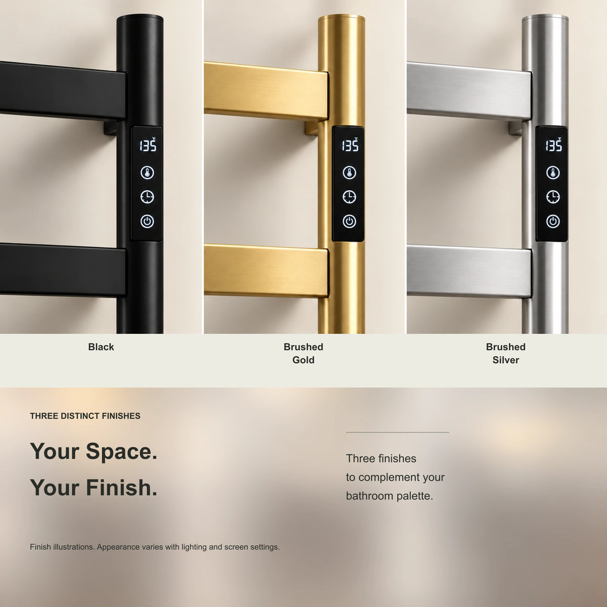 SAIPH heated towel rack showing black, brushed gold and brushed silver finish options.