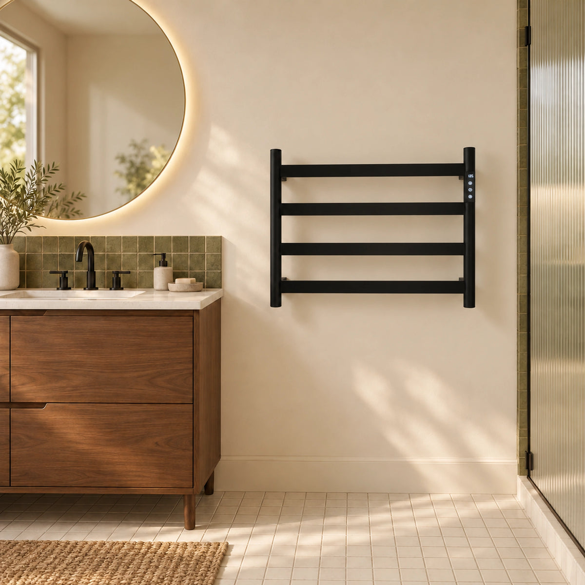 SAIPH black heated towel rack with four wide flat bars mounted in a mid century modern bathroom.