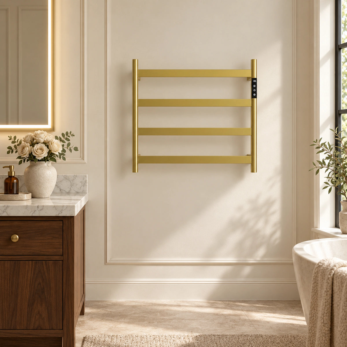 SAIPH brushed gold heated towel rack with four wide flat bars mounted in a bathroom setting.