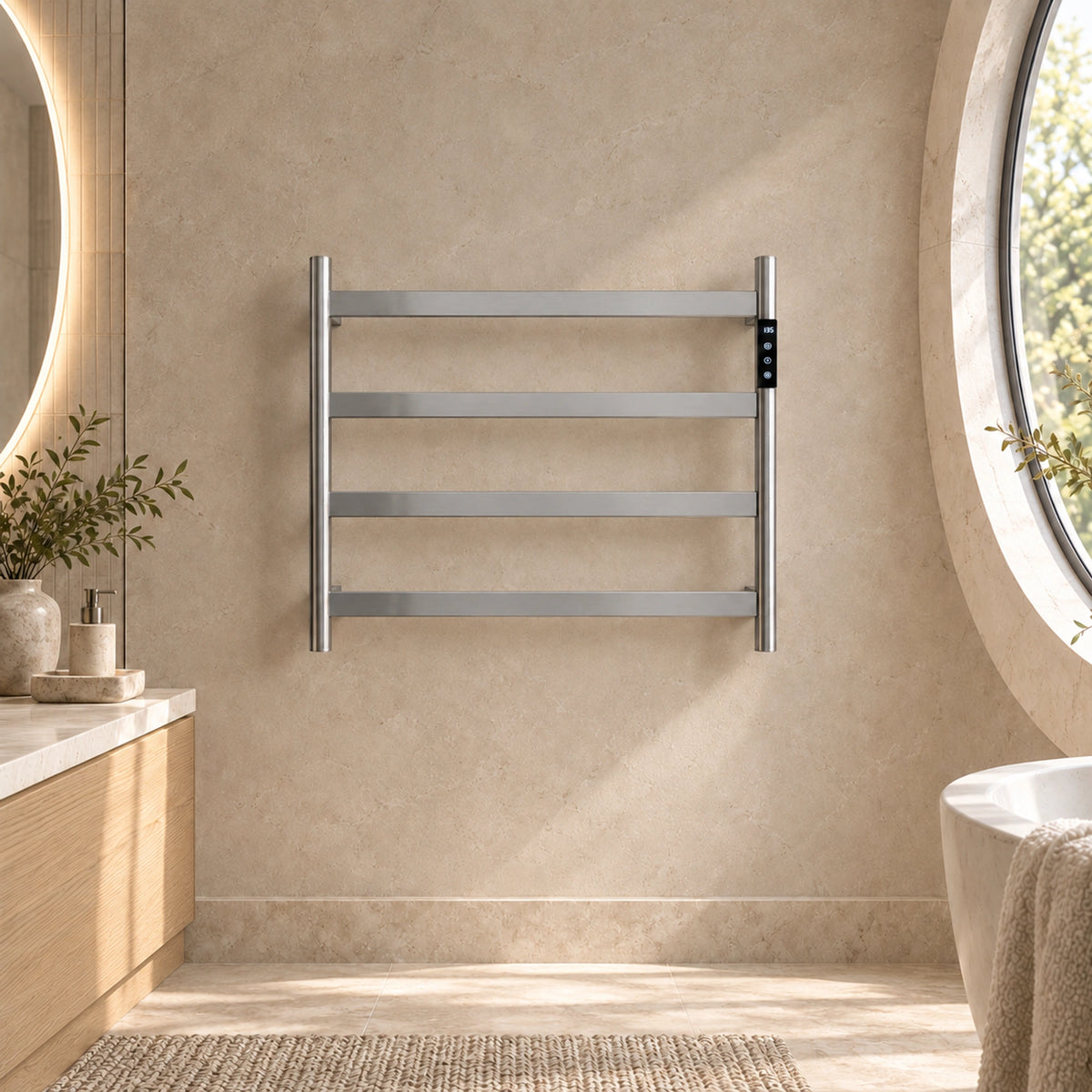 SAIPH brushed silver heated towel rack with four wide flat bars mounted in a bathroom setting.