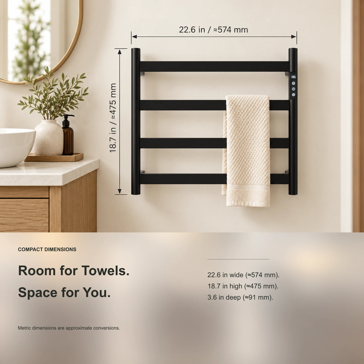 SAIPH heated towel rack showing product width, height and depth measurements.