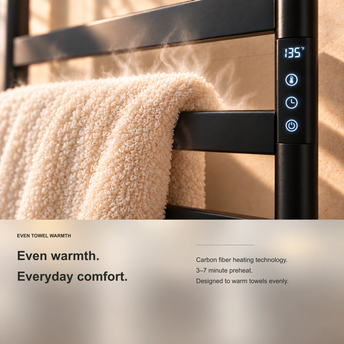SAIPH heated towel rack showing a towel draped over the heated rails and even heating information.
