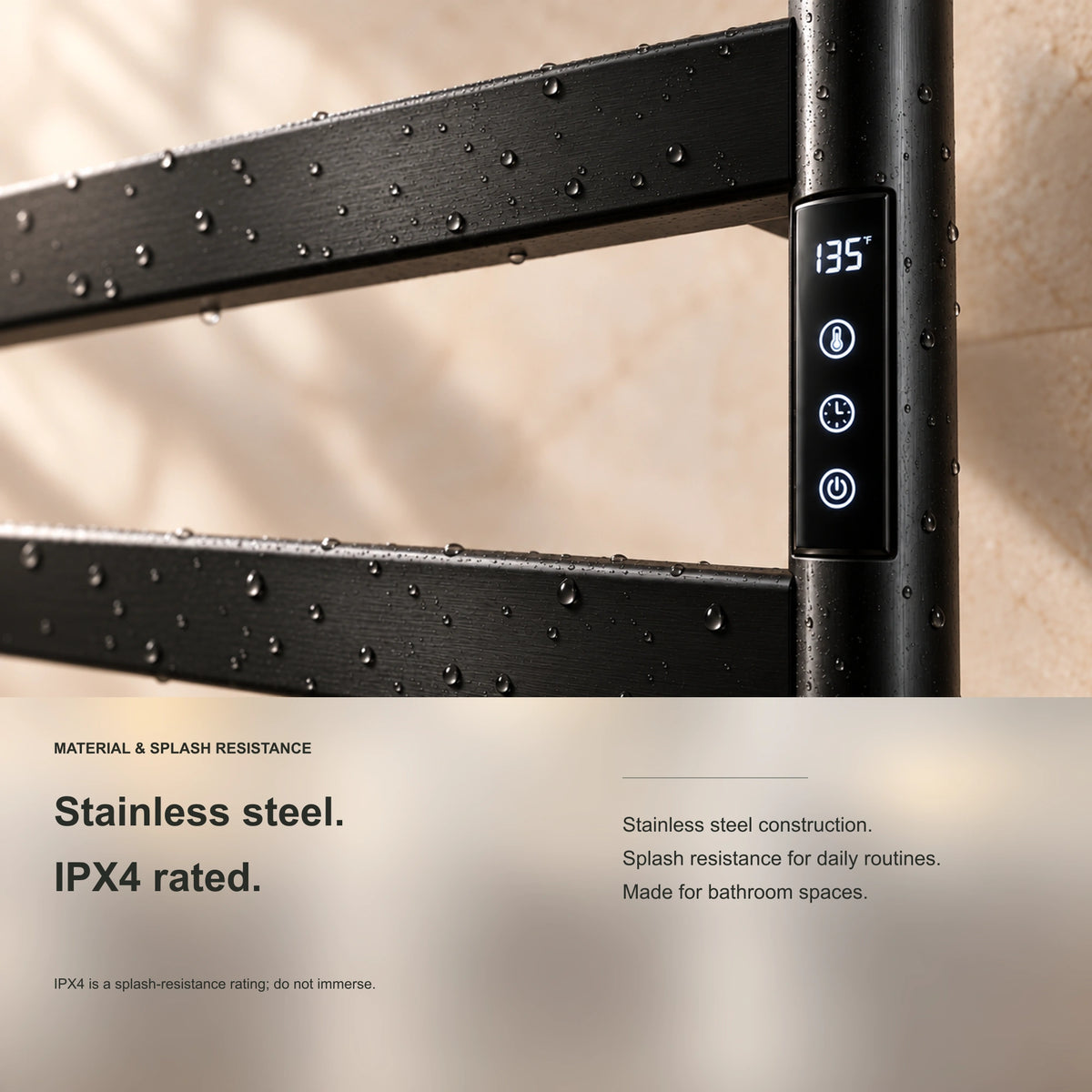 SAIPH heated towel rack showing stainless steel rail close-up with water droplets and IPX4 rating information.