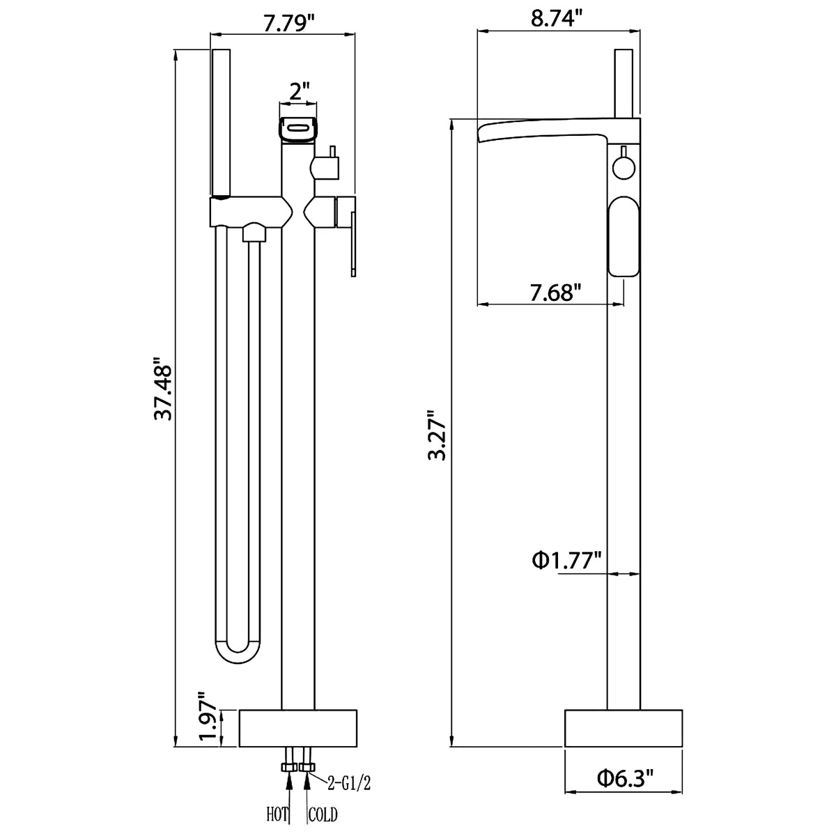 Solvira Brass Tub Filler Dimensions
