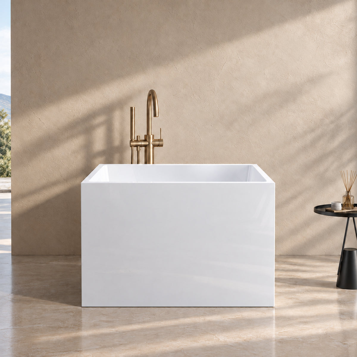 tavren 35 inch white acrylic bathtub with bench beige bathroom front view