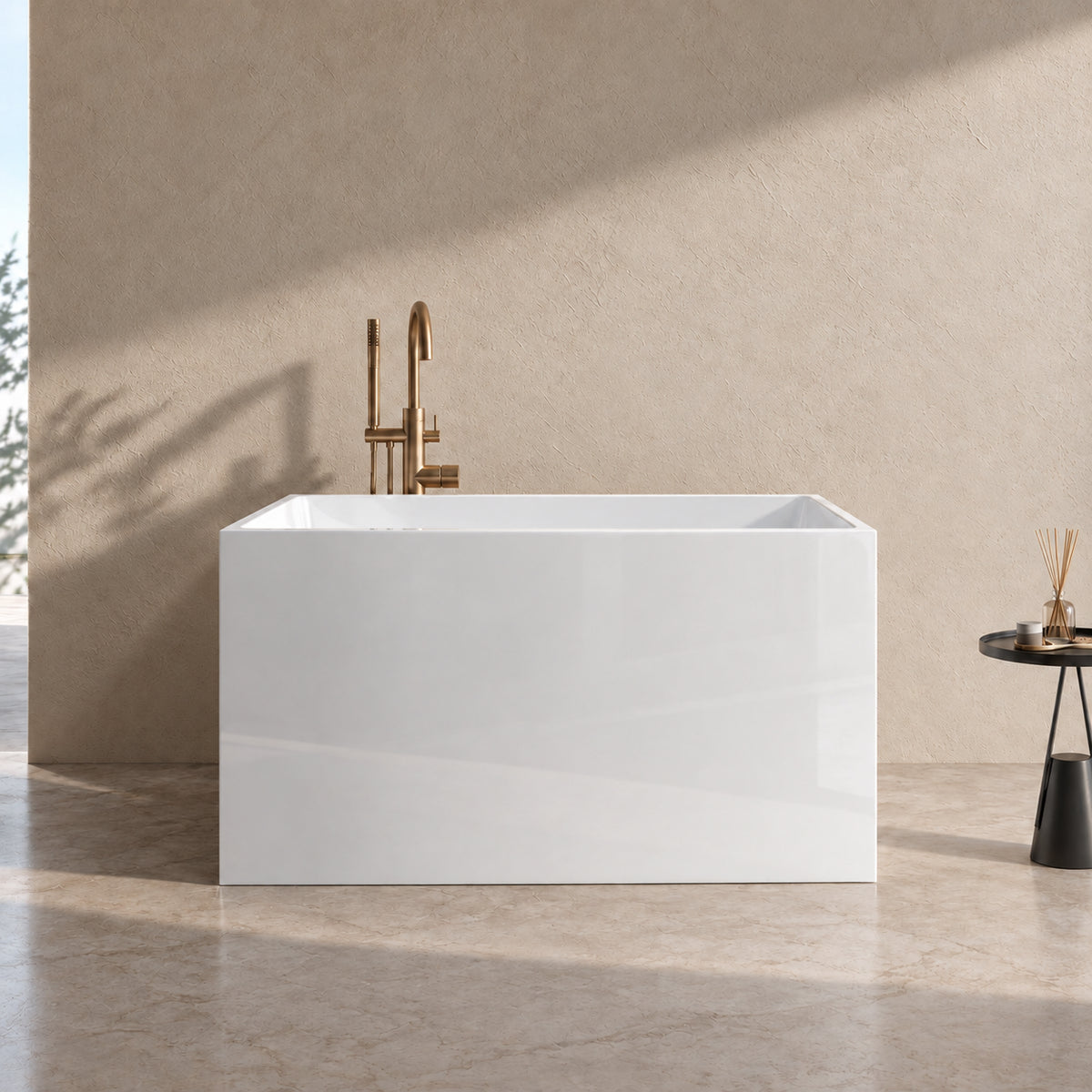 tavren 43 inch white acrylic bathtub with bench beige bathroom front view