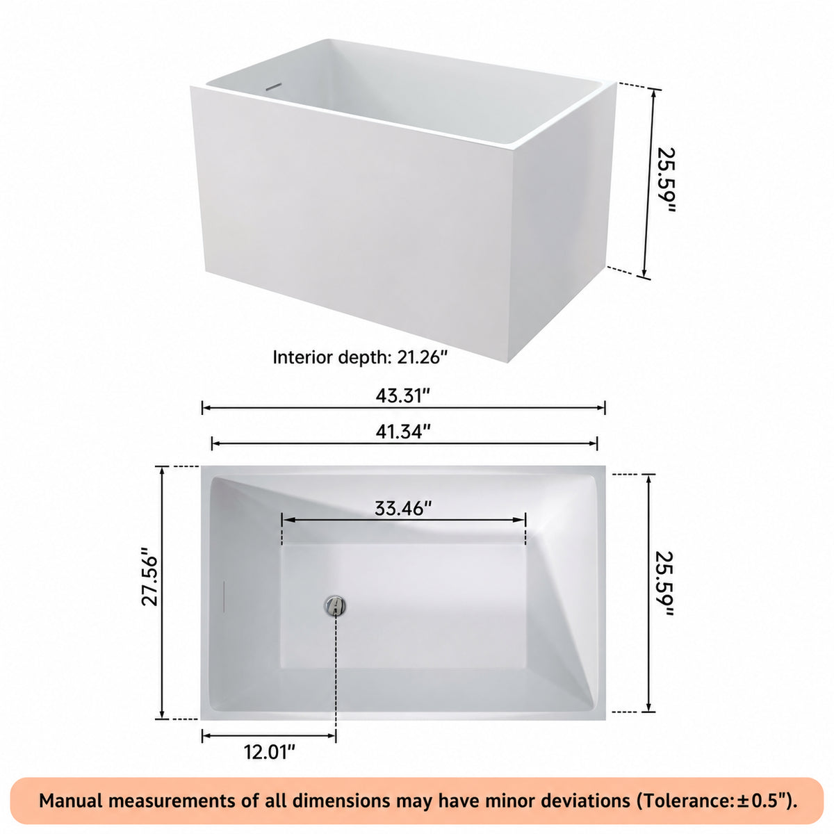 tavren 43 inch white acrylic bathtub without bench dimension drawing inches