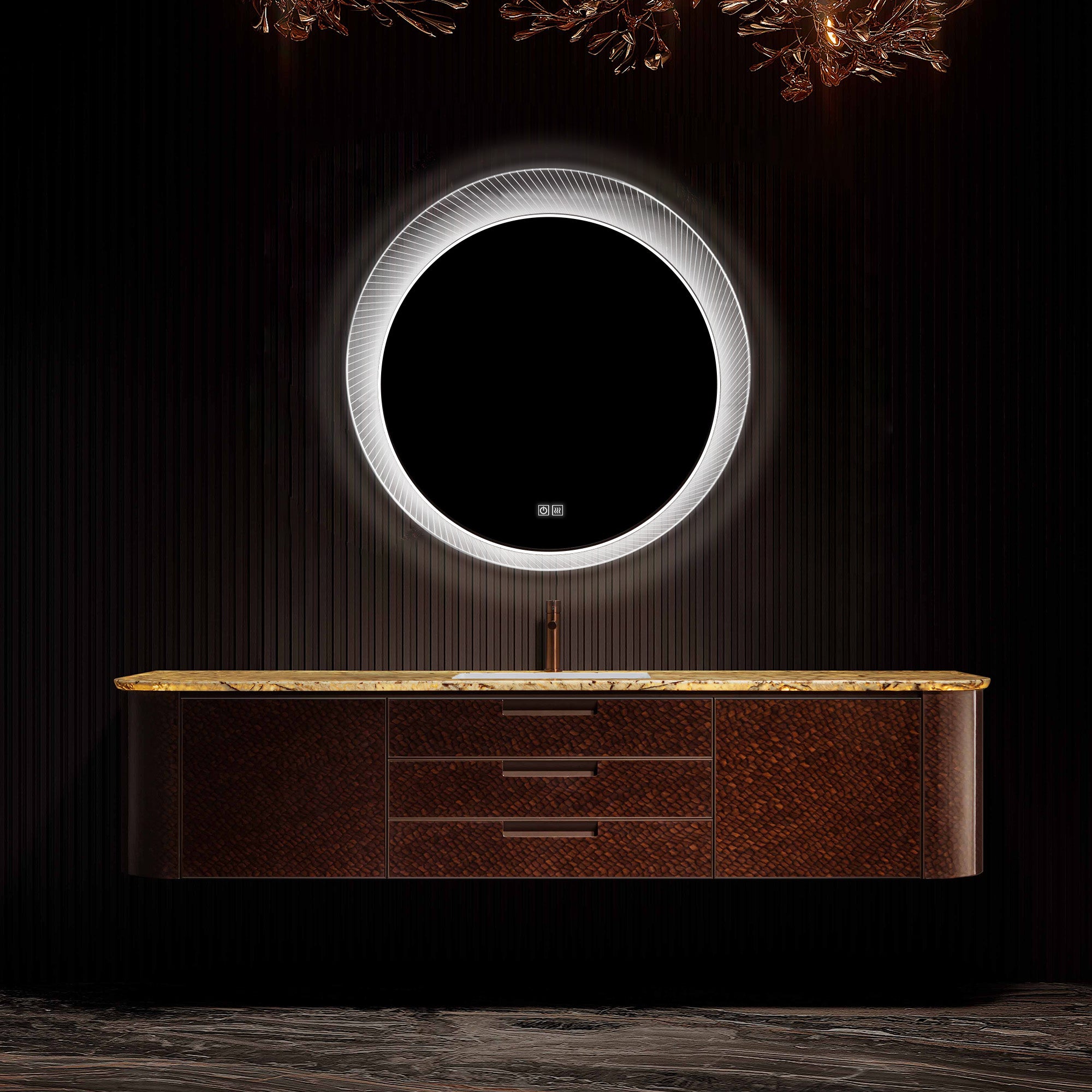 SOLSTICE Custom Bathroom Vanity with Silver Marble Top and Ambient Lighting