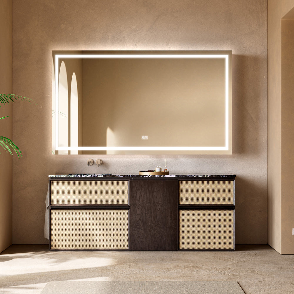 ONYRIA Custom Bathroom Vanity Single Sink Natural Marble Top Solid Wood Cabinet