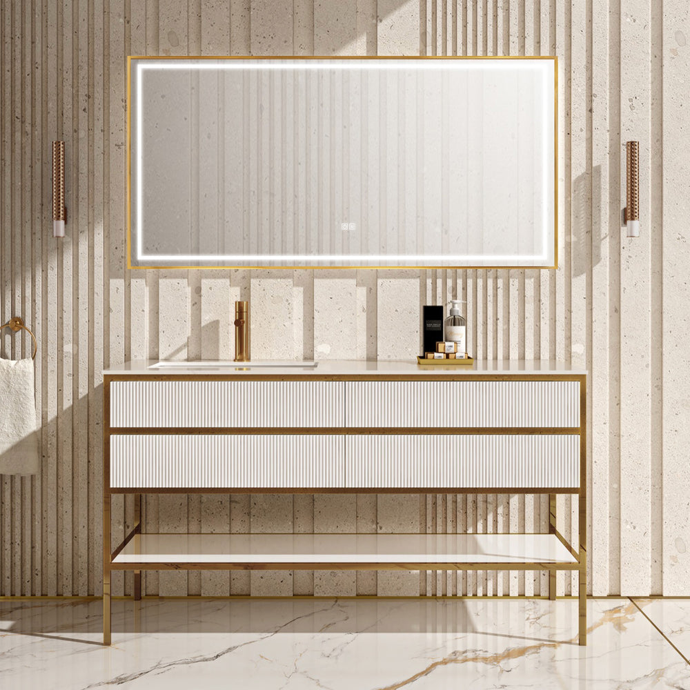 IVORY Custom Bathroom Vanity with Sintered Stone Top and Glossy Metal Accents