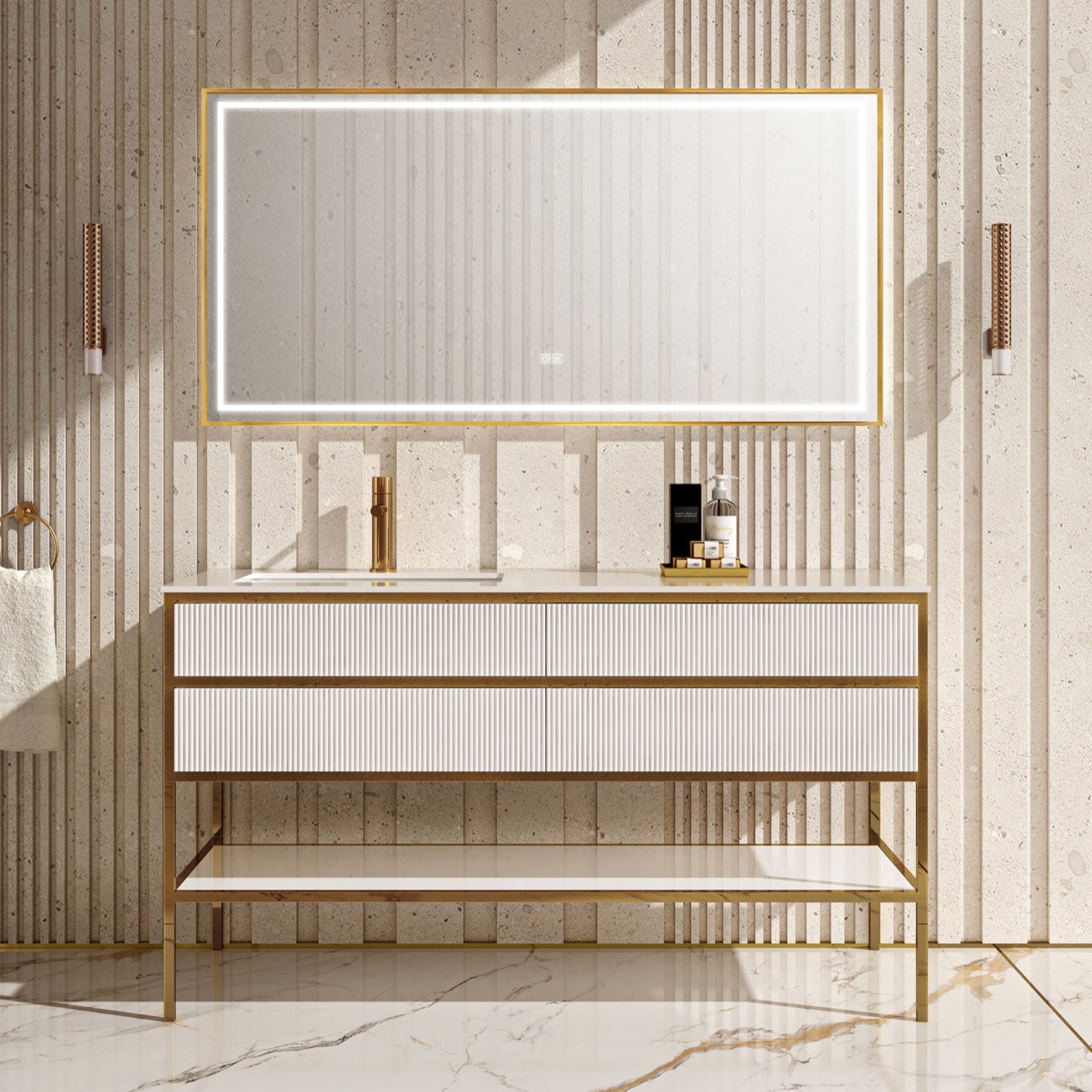 IVORY Custom Bathroom Vanity with Sintered Stone Top and Glossy Metal Accents