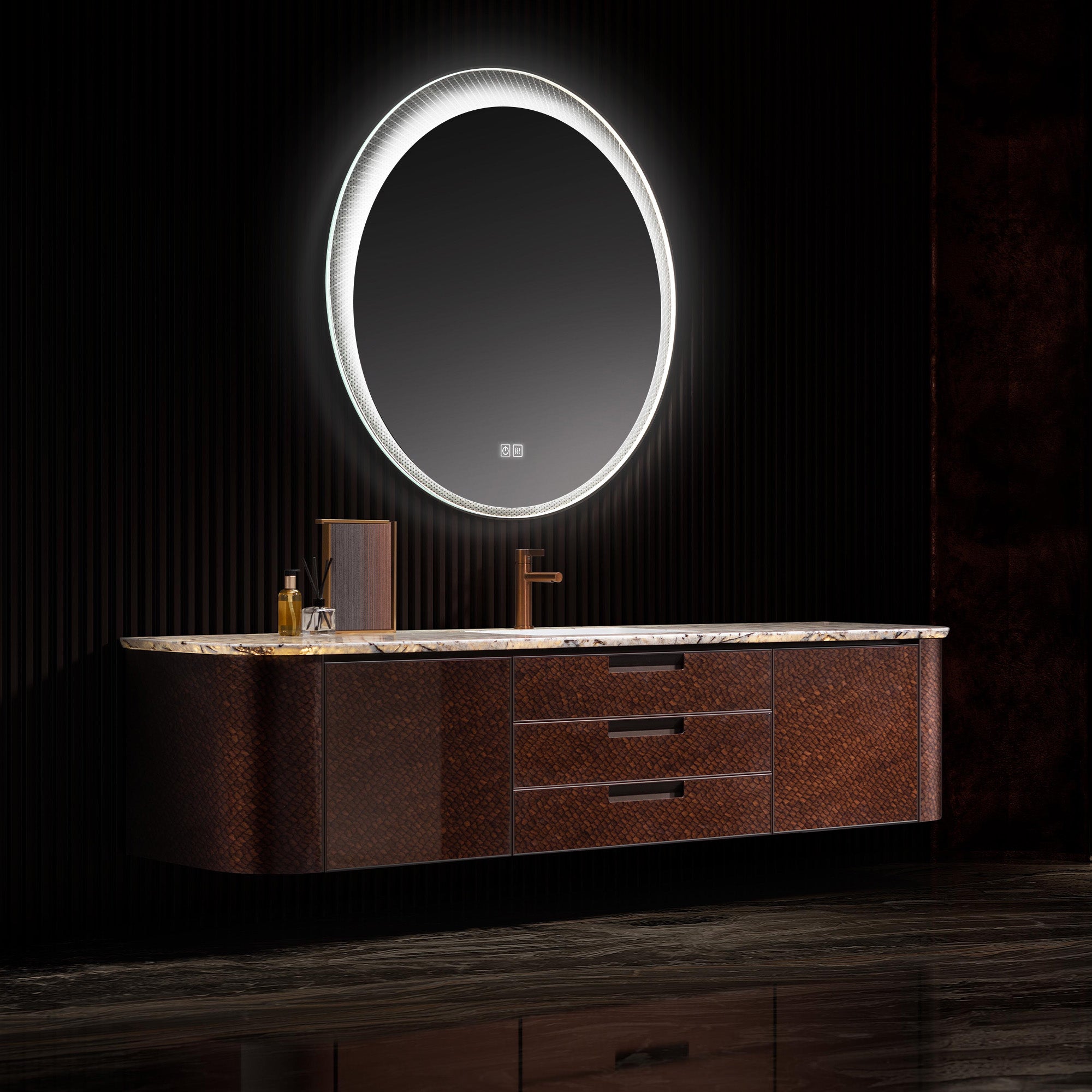 SOLSTICE Custom Bathroom Vanity with Silver Marble Top and Ambient Lighting