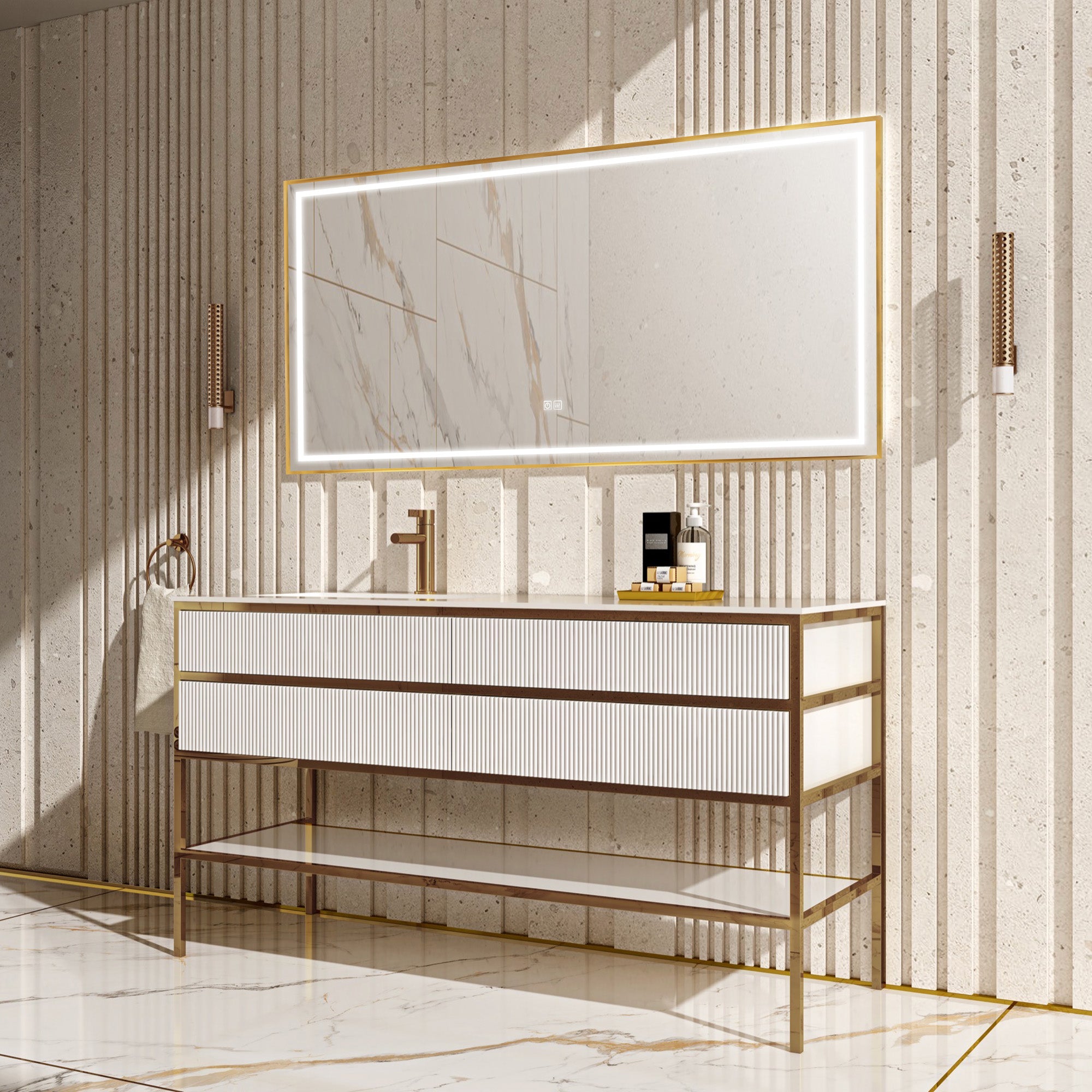 IVORY Custom Bathroom Vanity with Sintered Stone Top and Glossy Metal Accents