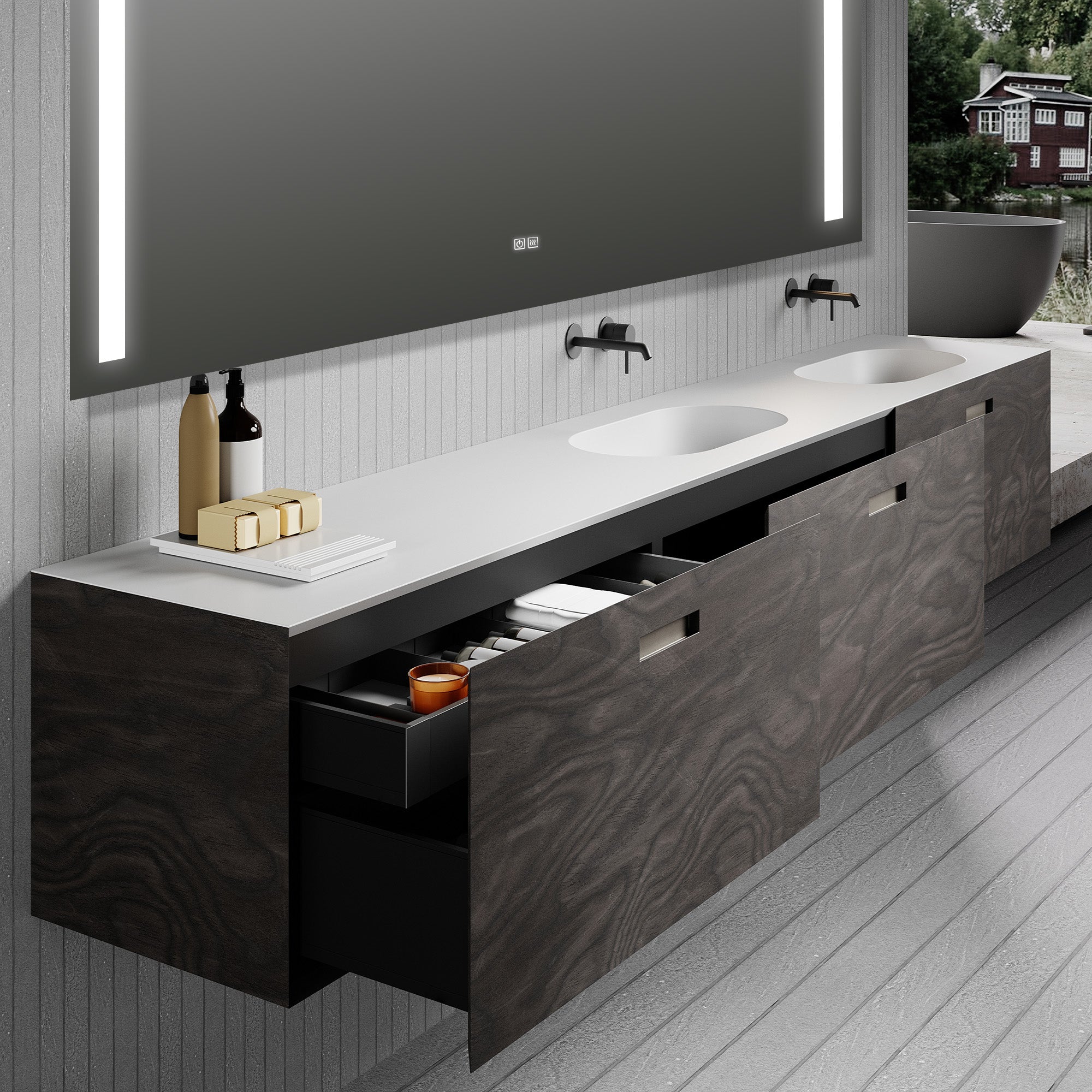 NOIRE Custom Bathroom Vanity Solid Wood with Veneer Corian Integrated Sink
