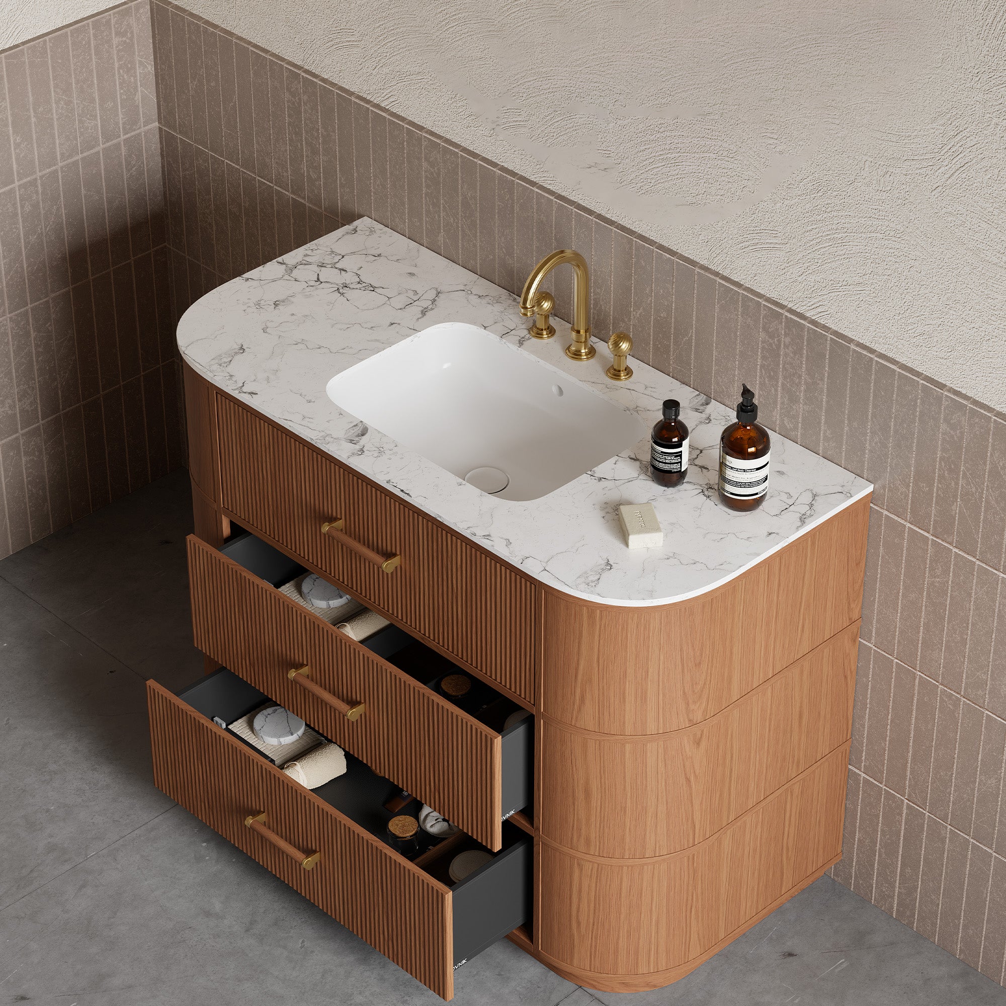 CALVERA Custom Bathroom Vanity Solid Wood with Veneer Marble Top Ceramic Basin