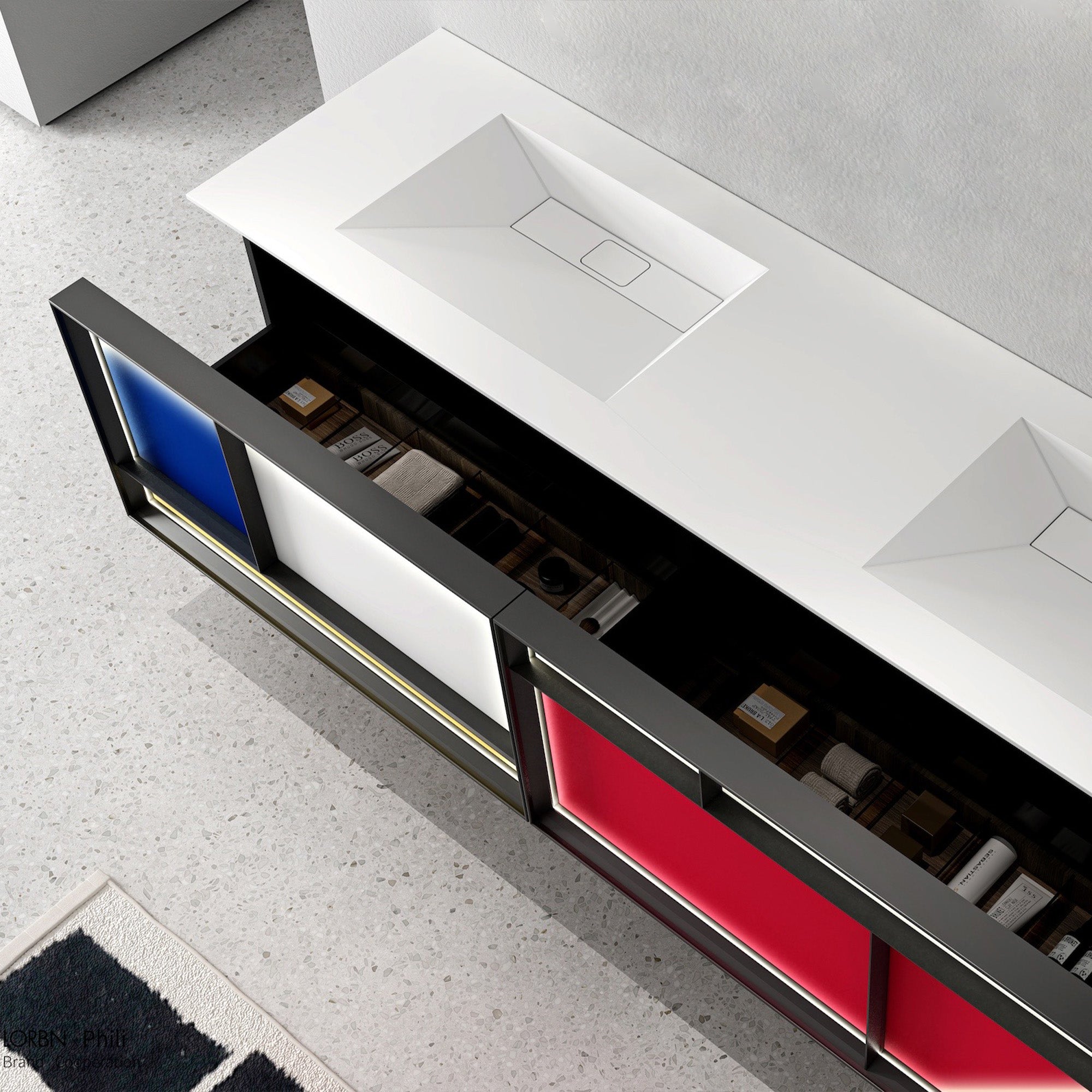 MONDRIA Custom Bathroom Vanity with Seamless Acrylic Top and Integrated Basin