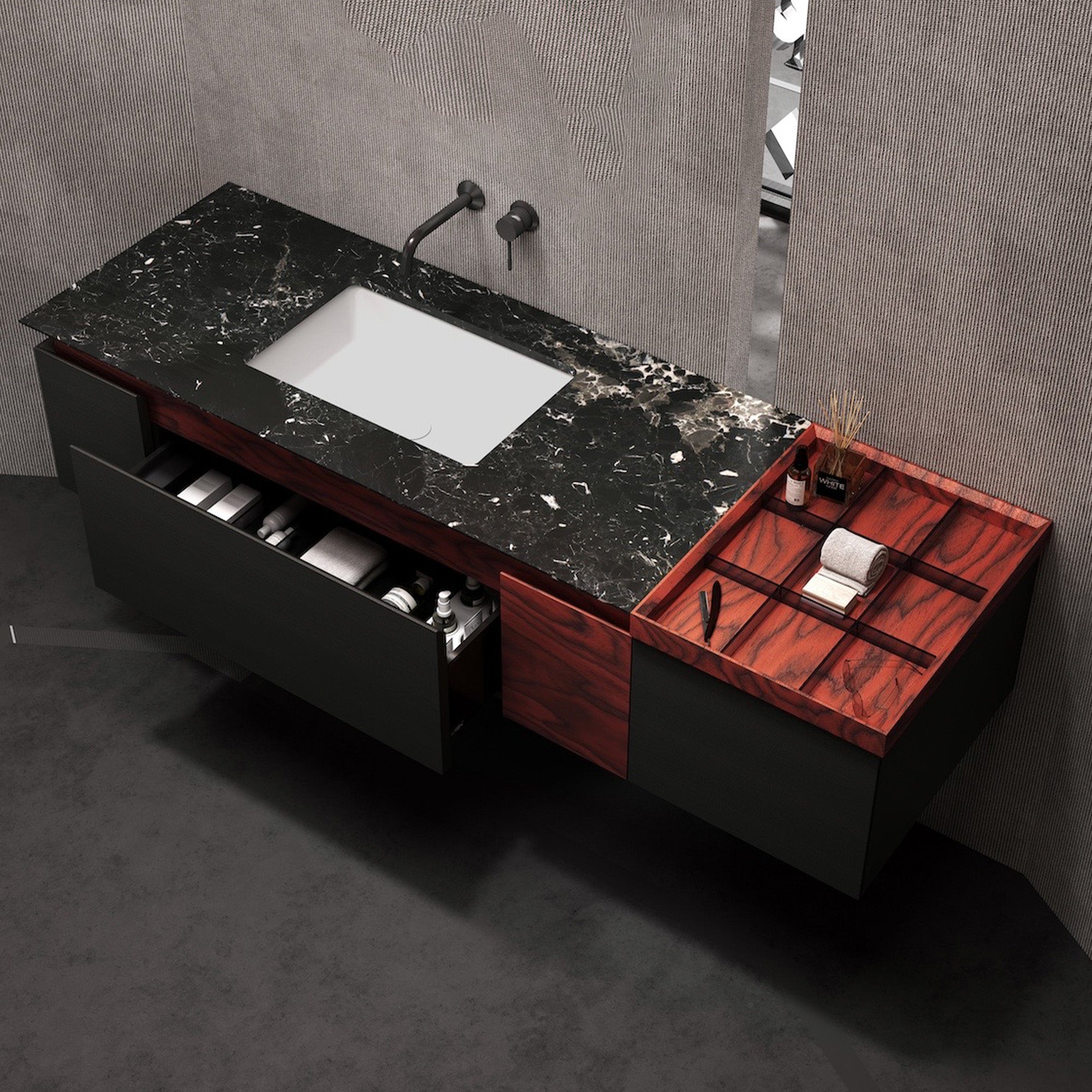 VANTA Custom Bathroom Vanity with Serene Marble Top and Decorative Wood Veneer