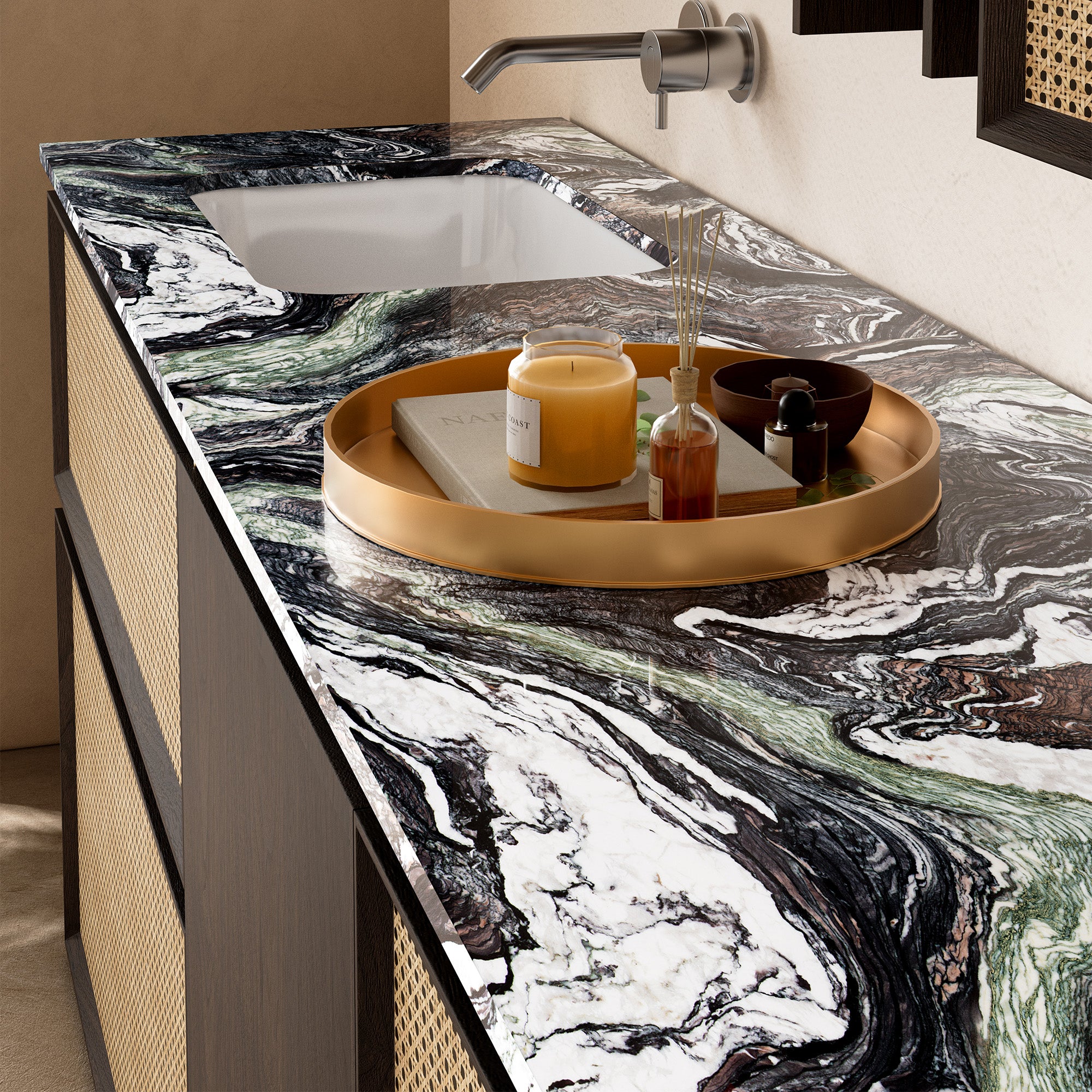 ONYRIA Custom Bathroom Vanity Single Sink Natural Marble Top Solid Wood Cabinet