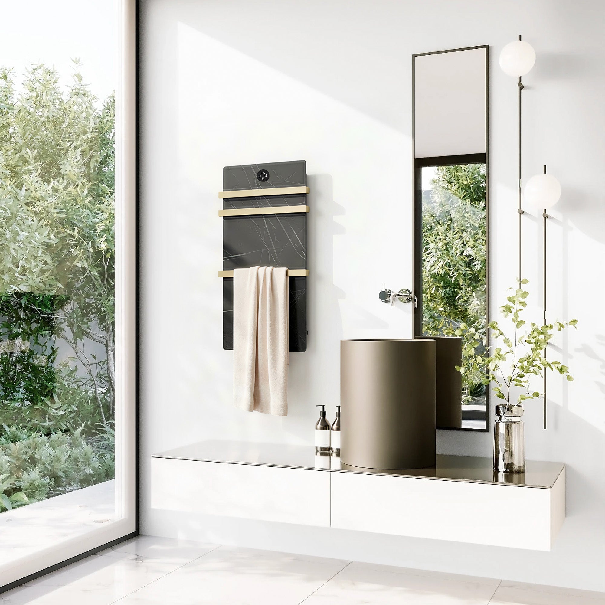 VELORA Triple Bar Heated Towel Rack with Sintered Stone and Stainless Steel