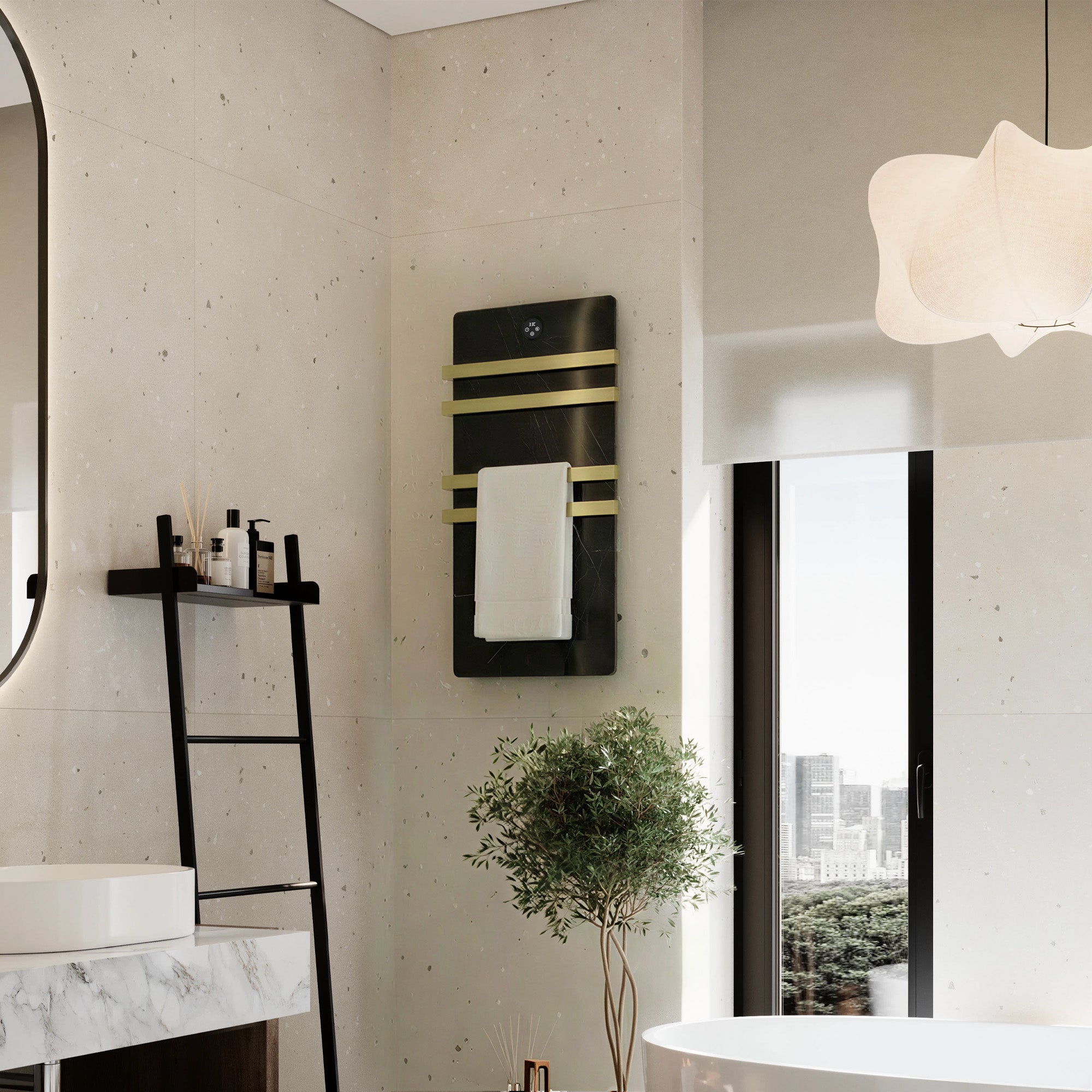 VELORA Triple Bar Heated Towel Rack with Sintered Stone and Stainless Steel