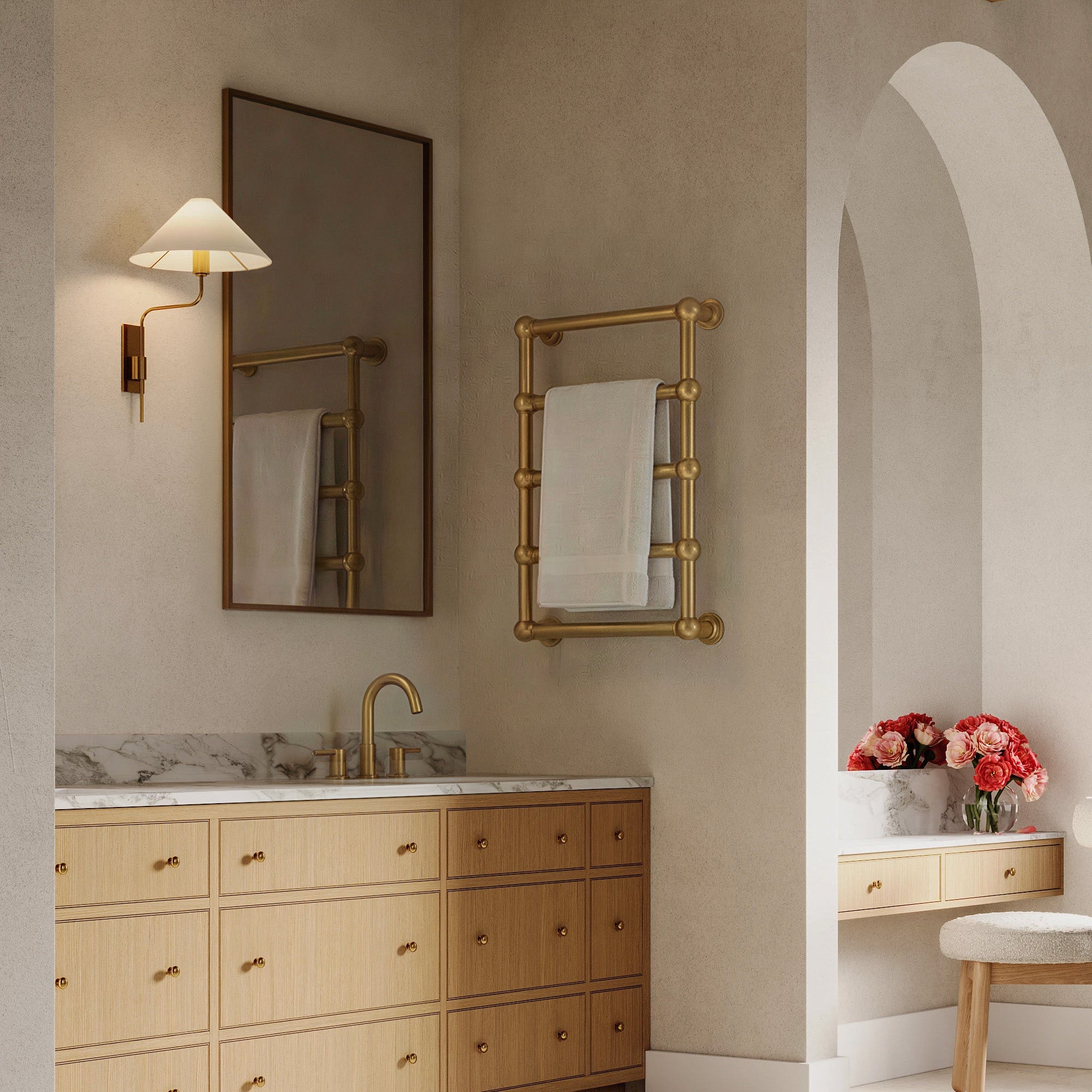 ASHORE Heated Towel Rack with Brushed Gold Finish and Brass Body