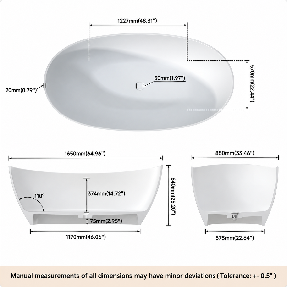 CALMAE 65 inch freestanding soaking bathtub dimensions and specifications