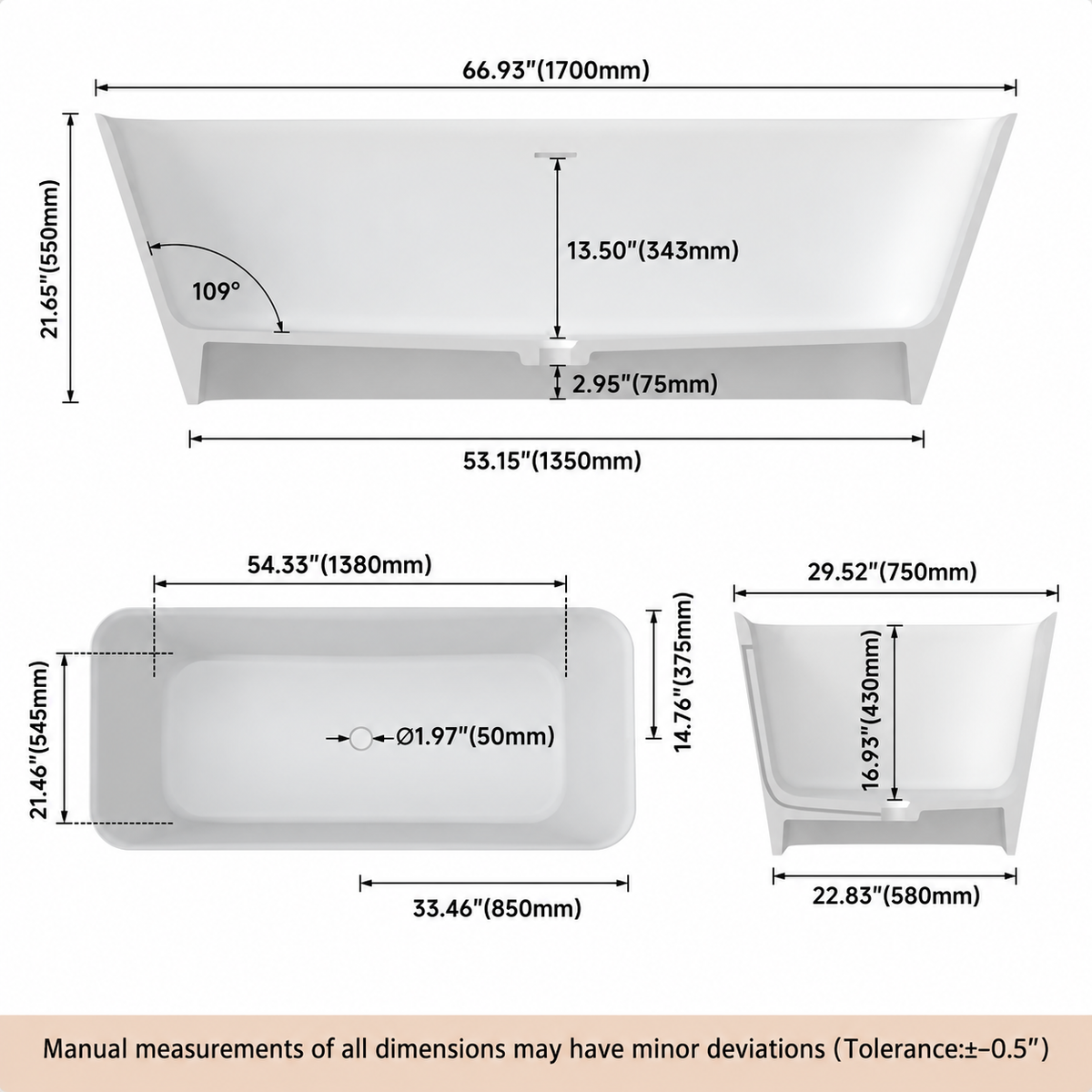 ELVORA freestanding solid surface bathtub technical drawing with dimensions