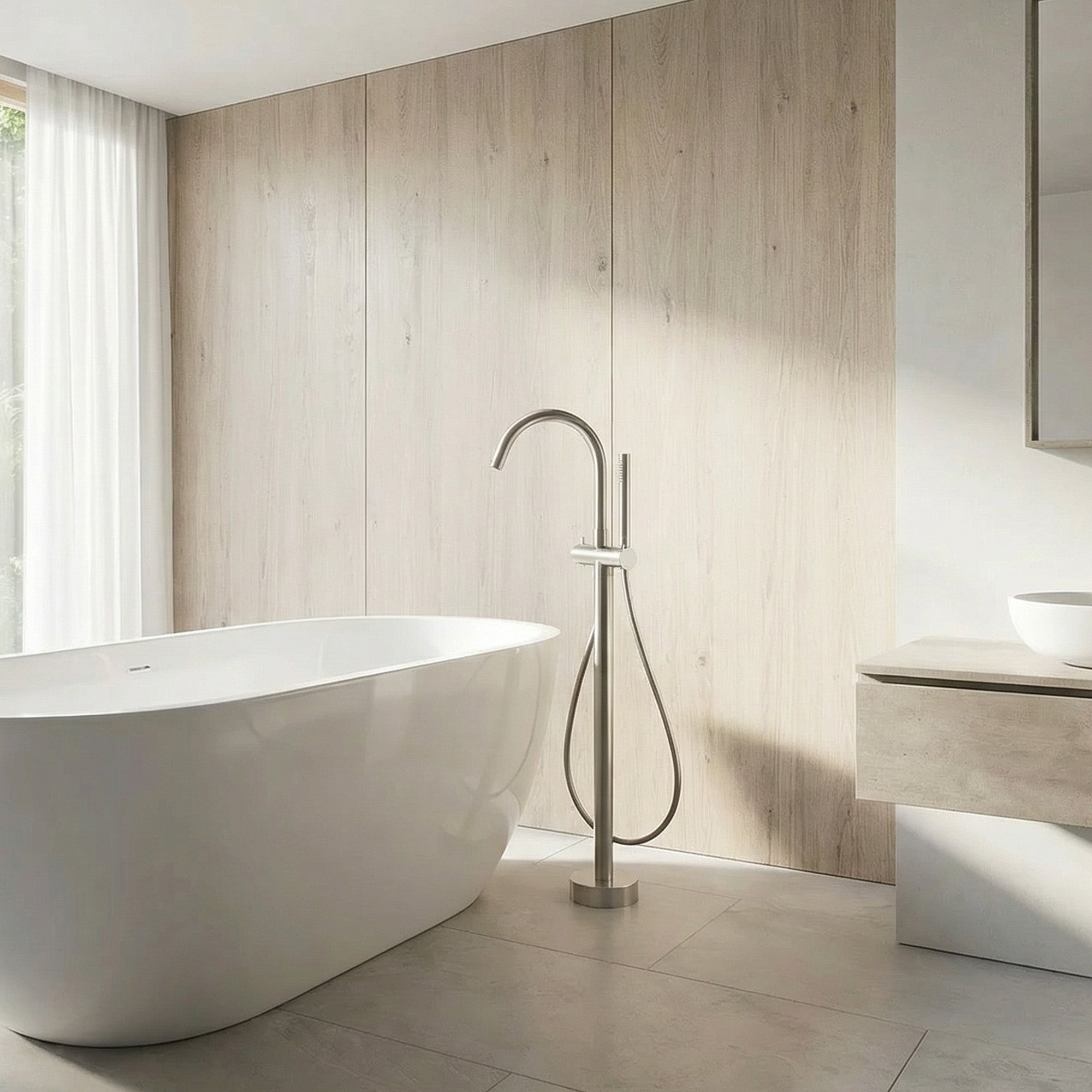 ELYSIA Floor Mounted Bathtub Faucet Brass Construction Tub Filler with Handheld Shower