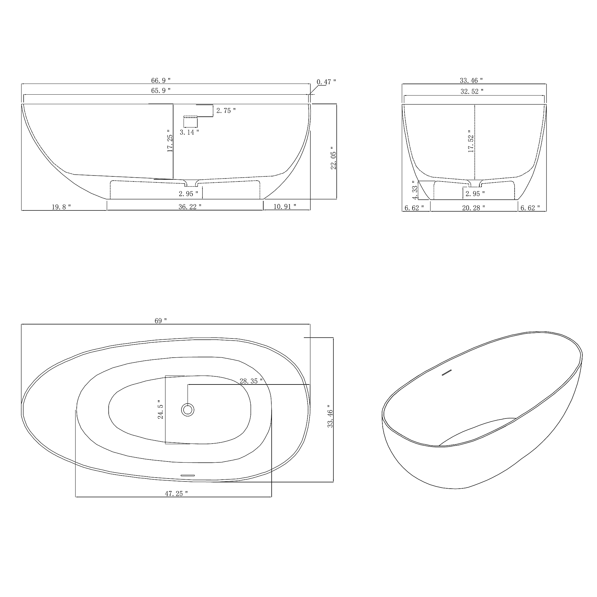 VELISSA Oval Freestanding Soaking Bathtub 59" & 67" For Seamless Comfort