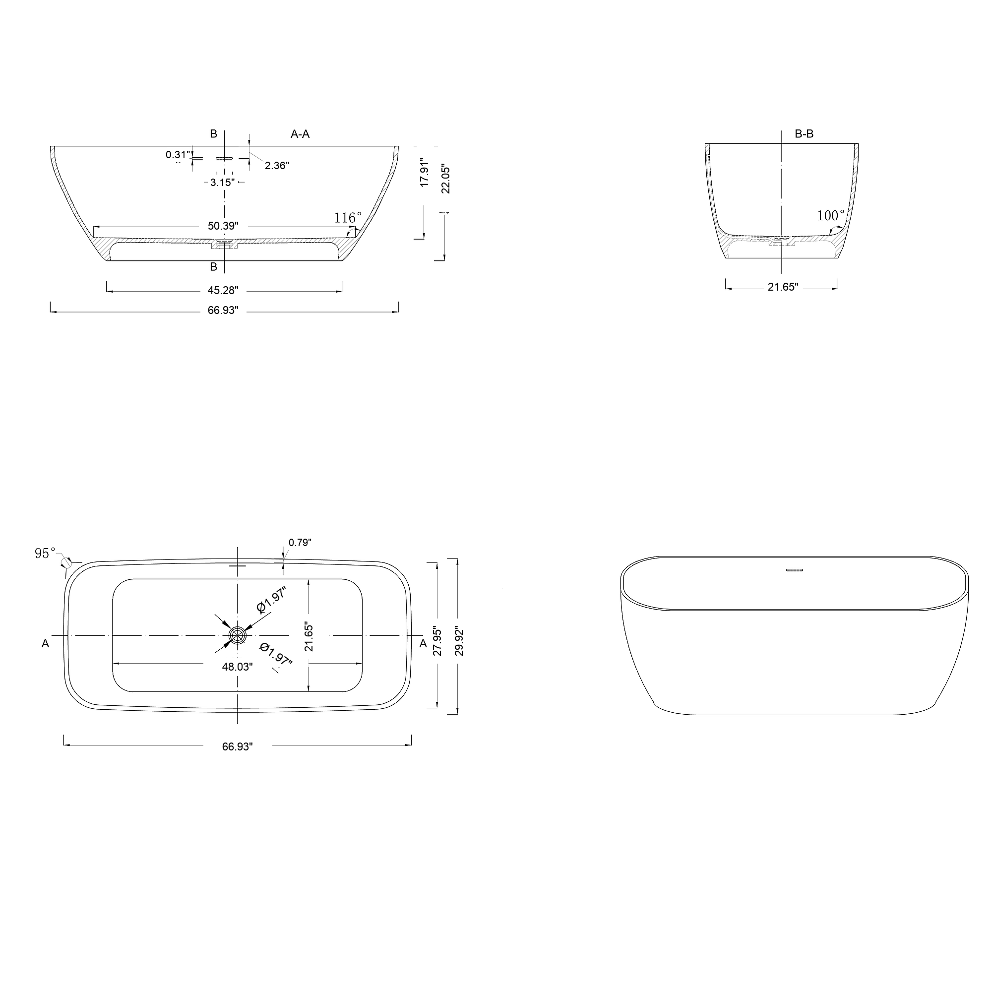 LYCARA Freestanding Soaking Bathtub 67" For Modern Bathroom Comfort