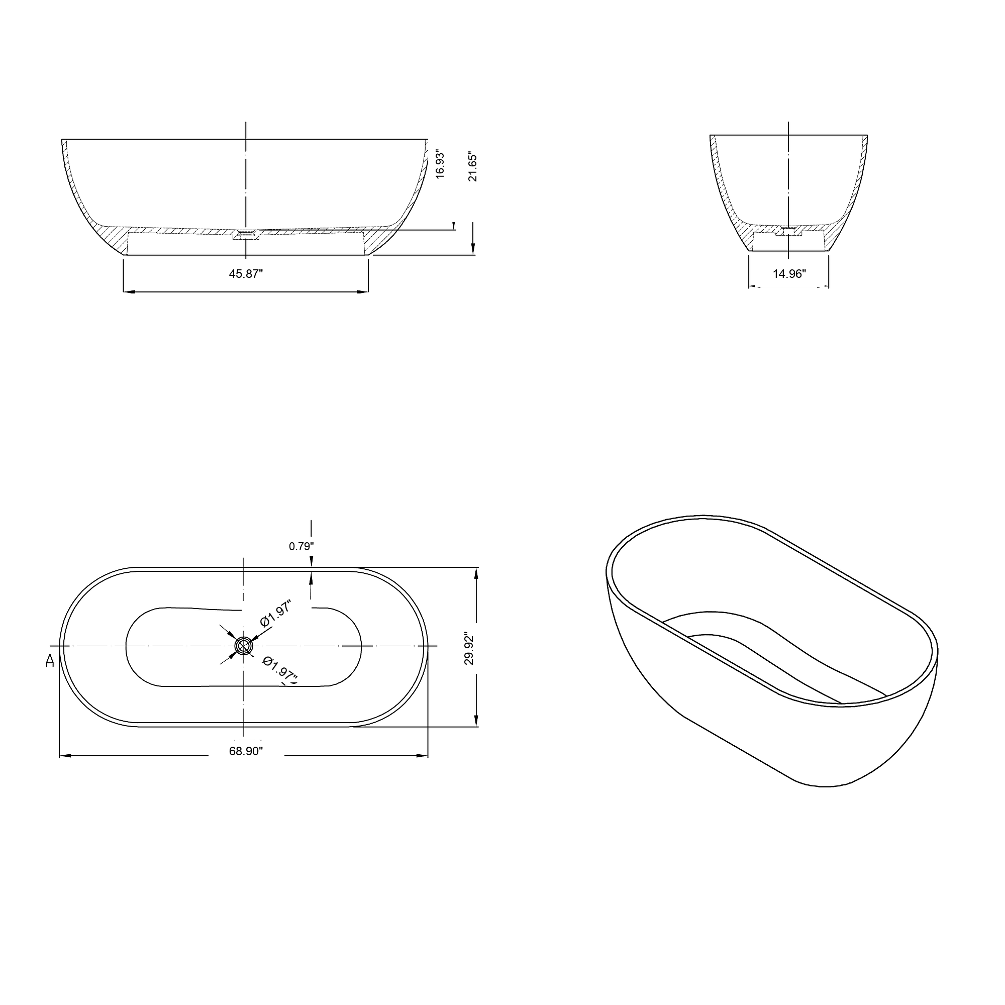 AURELLE Deep Soaking Freestanding Bathtub 68.9" with Ergonomic Design