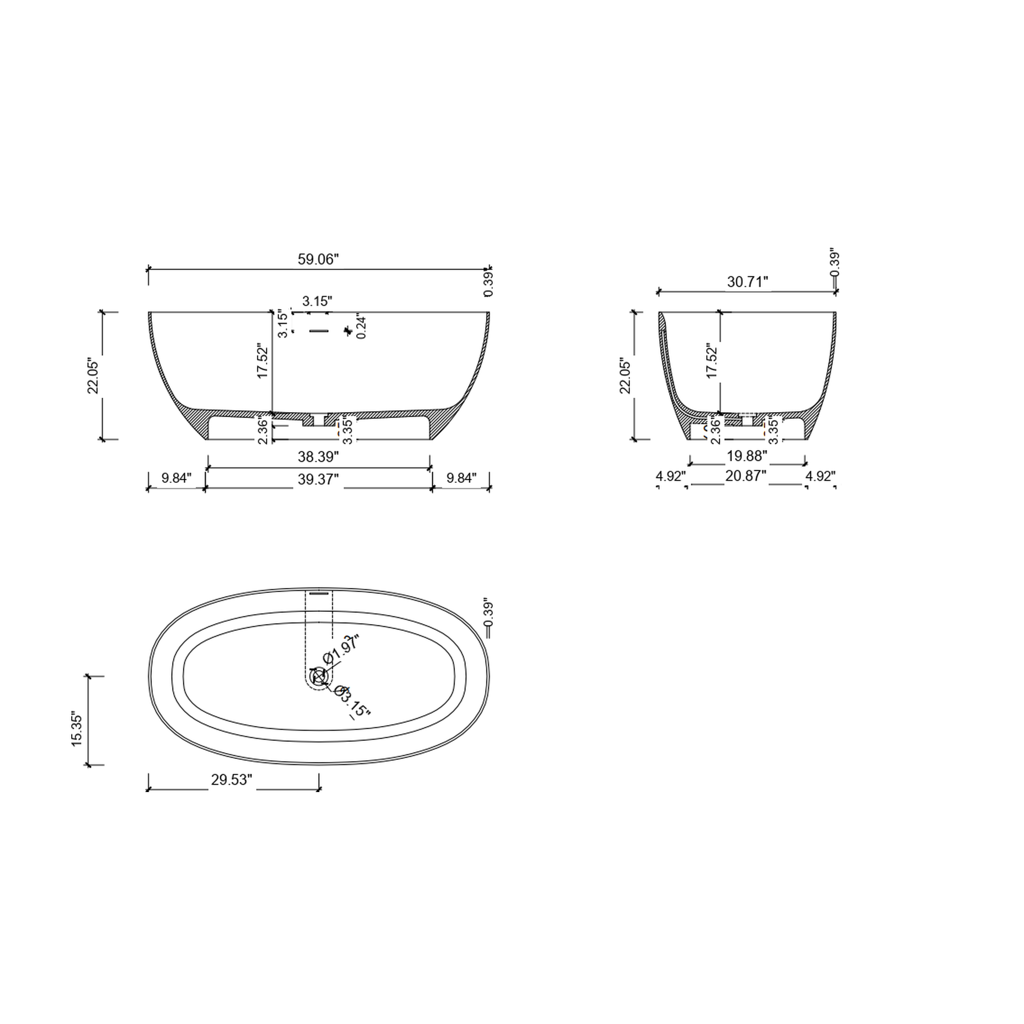 TORVAN Freestanding Soaking Bathtub 59" For Deep Immersion Comfort