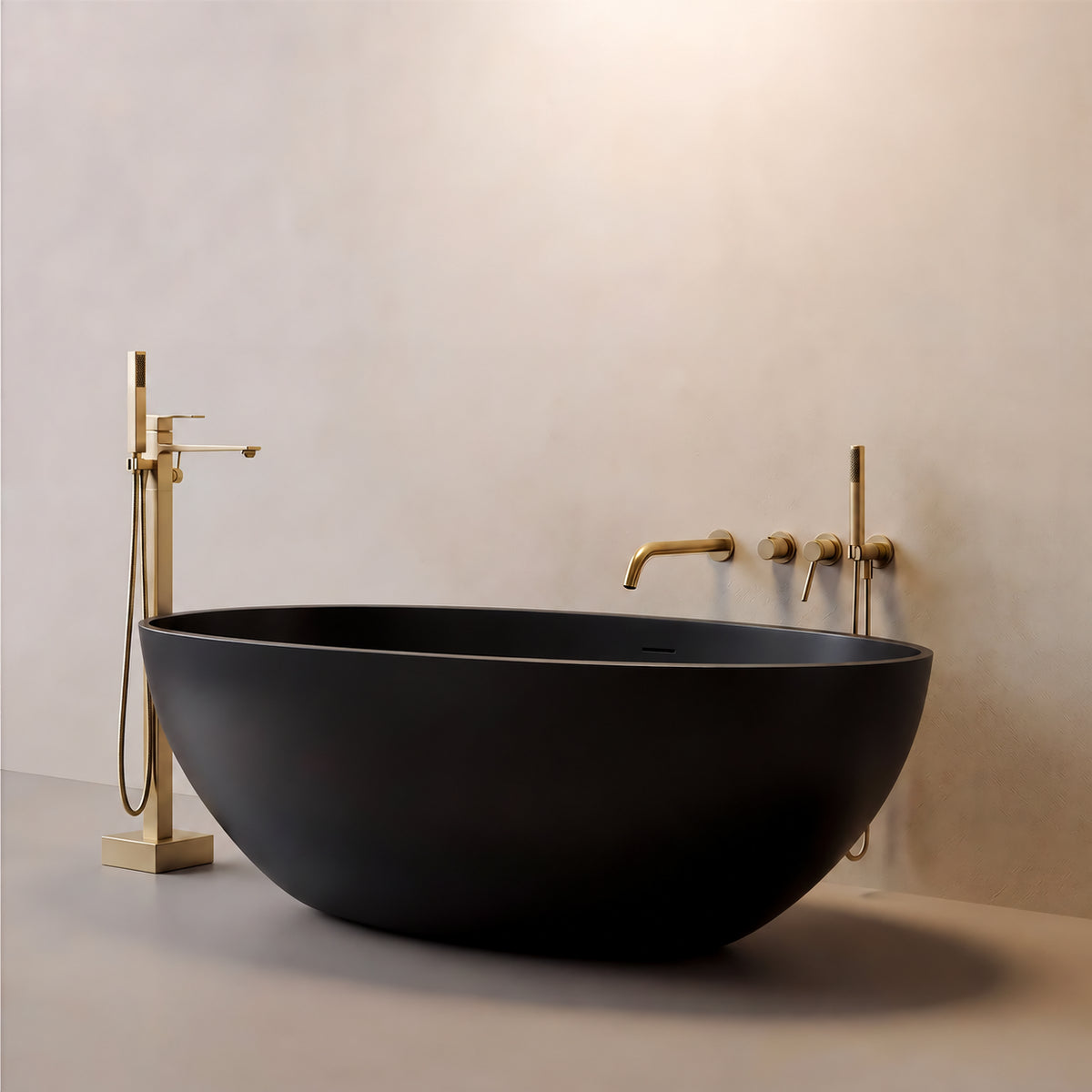LUNARA freestanding solid surface soaking bathtub in matte black oval shape with brushed gold wall-mounted faucet