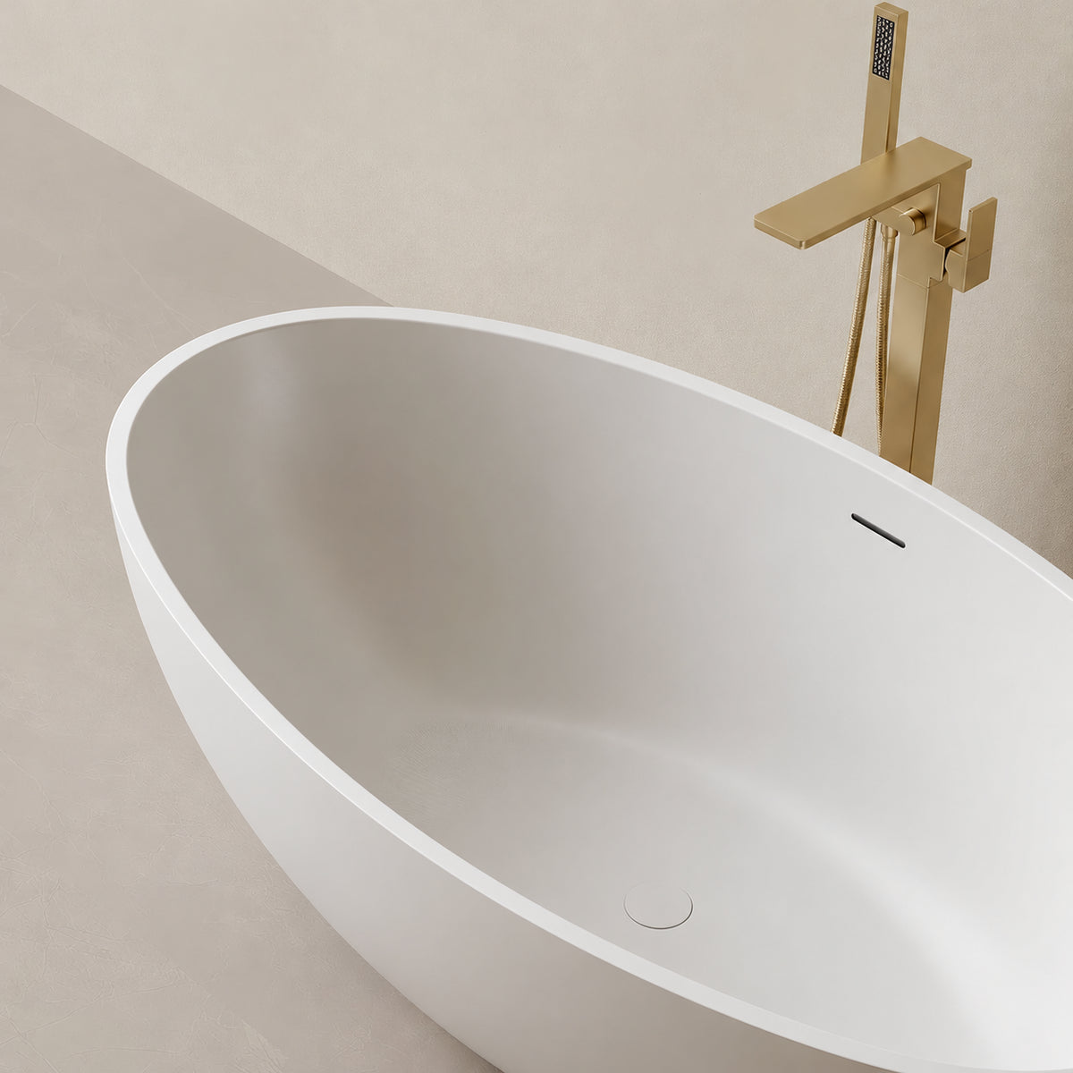 LUNARA freestanding solid surface soaking bathtub with oval shape and brushed gold floor-mounted faucet