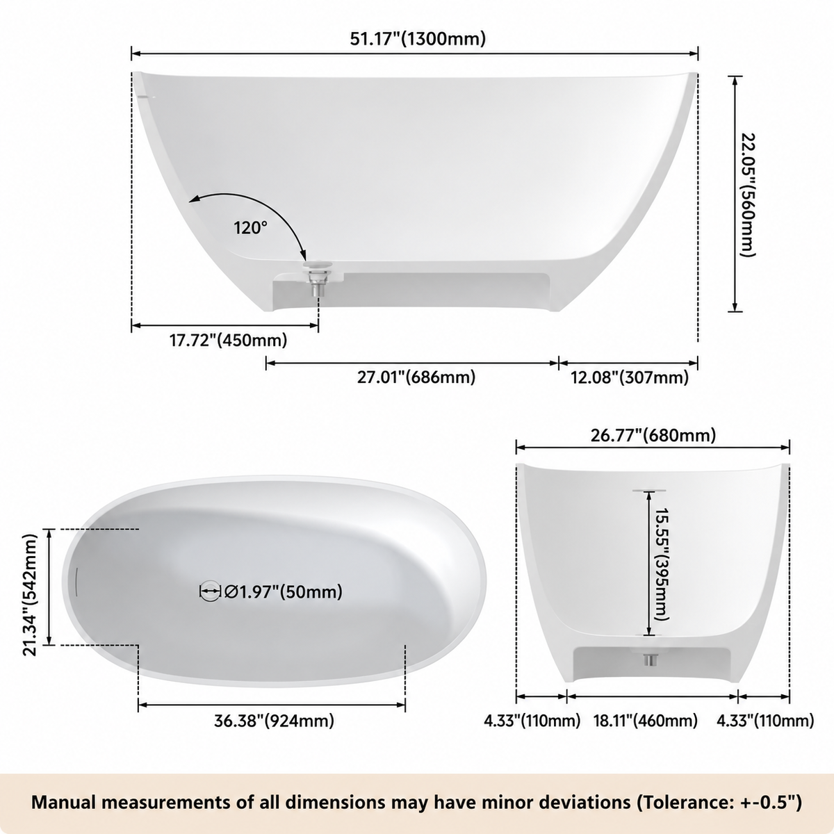 LUNARA 51-inch freestanding soaking bathtub dimensions and specifications