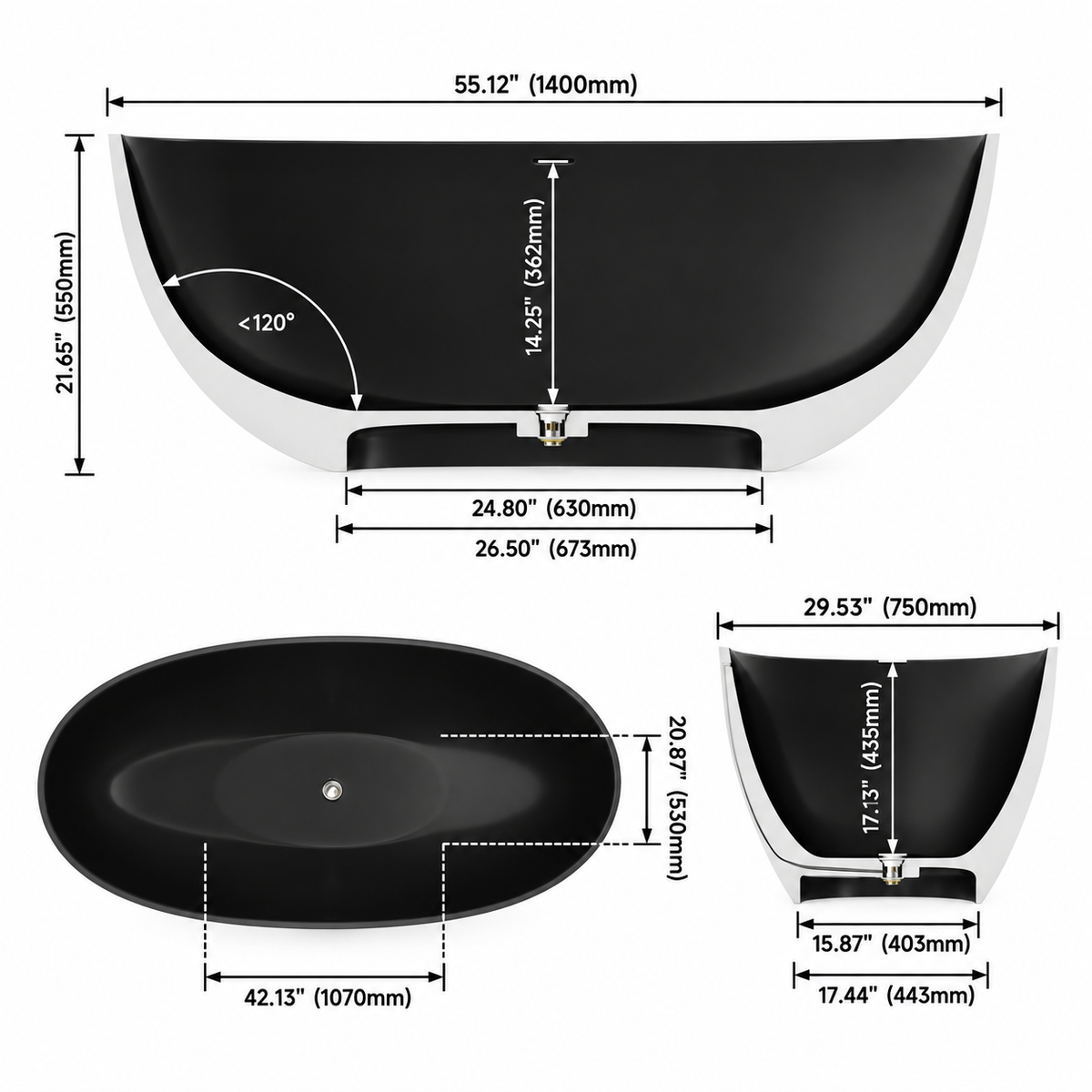 LUNARA 55-inch freestanding soaking bathtub dimensions and specifications