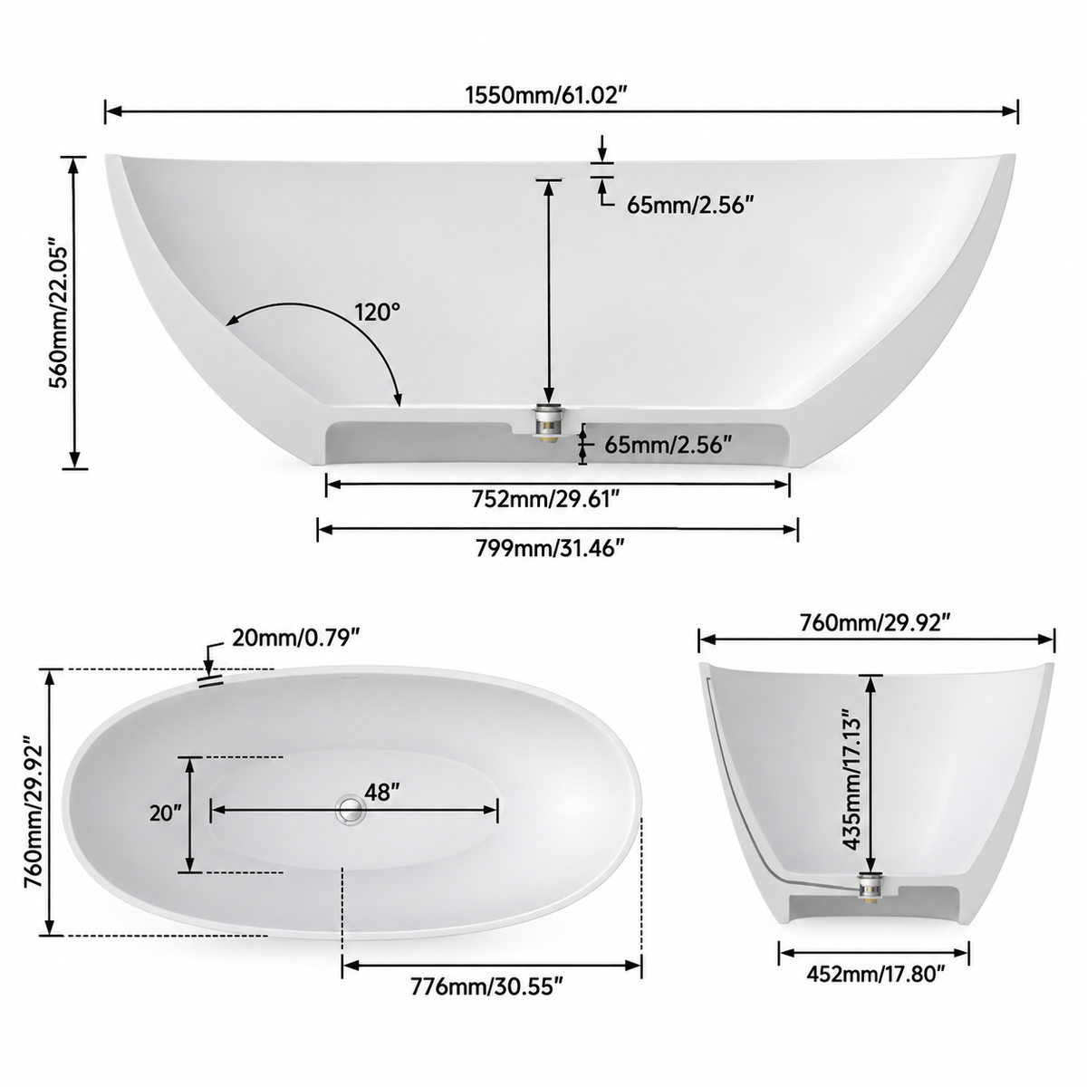LUNARA 61-inch freestanding soaking bathtub dimensions and specifications