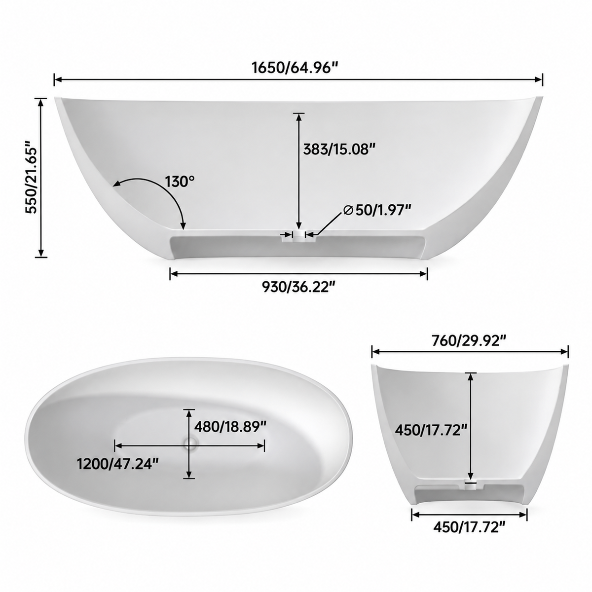 LUNARA 65-inch freestanding soaking bathtub dimensions and specifications