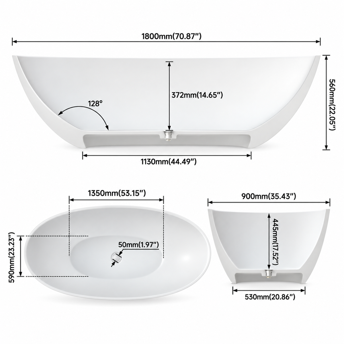 LUNARA 71-inch freestanding soaking bathtub dimensions and specifications